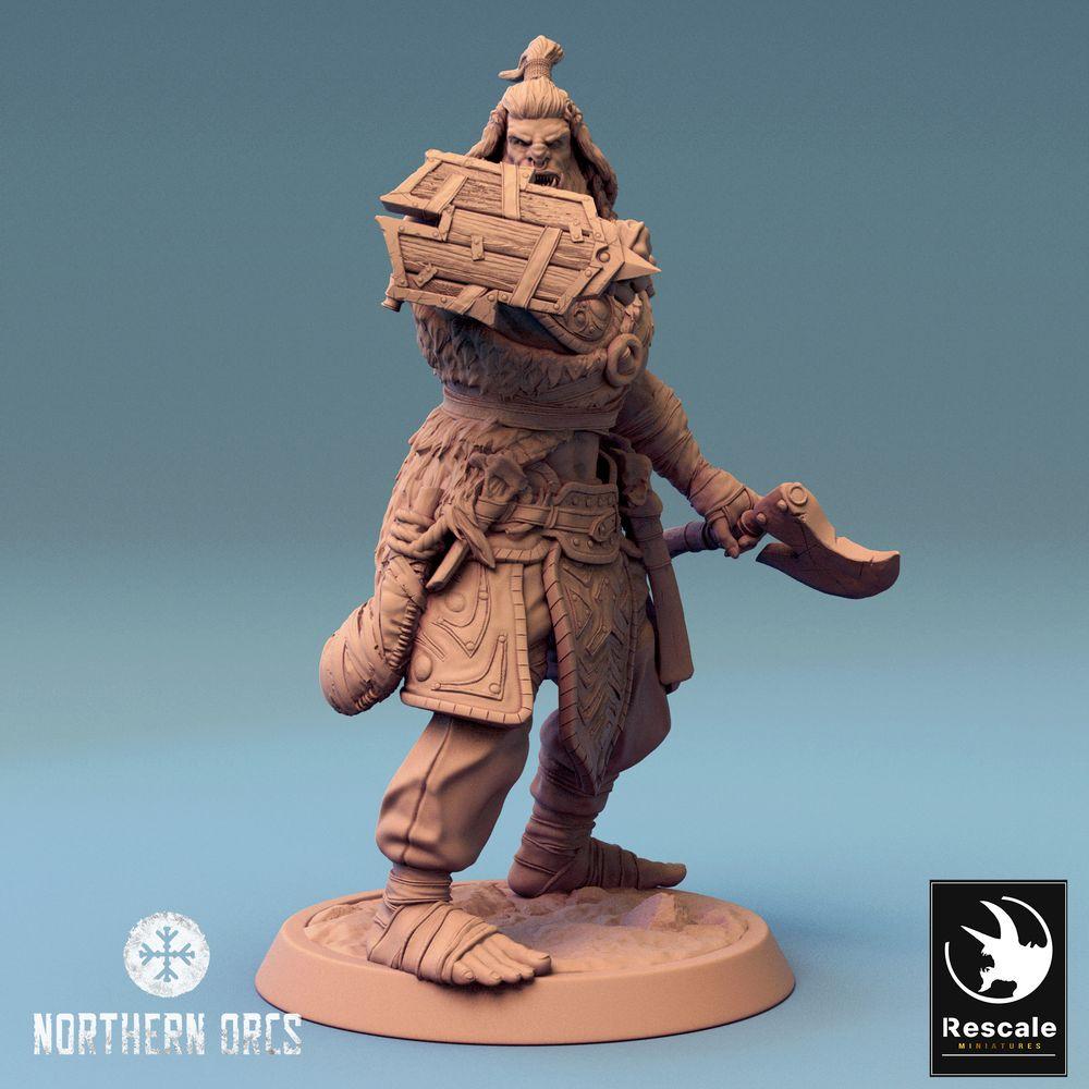 Productfoto Tabletop 28mm Lord of the Print (LotP) 0: Tabletop Miniatuur: Ork Krijger/Berserker met Haakzwaard en Kistenschild, Orc Warrior (24_04_H1)