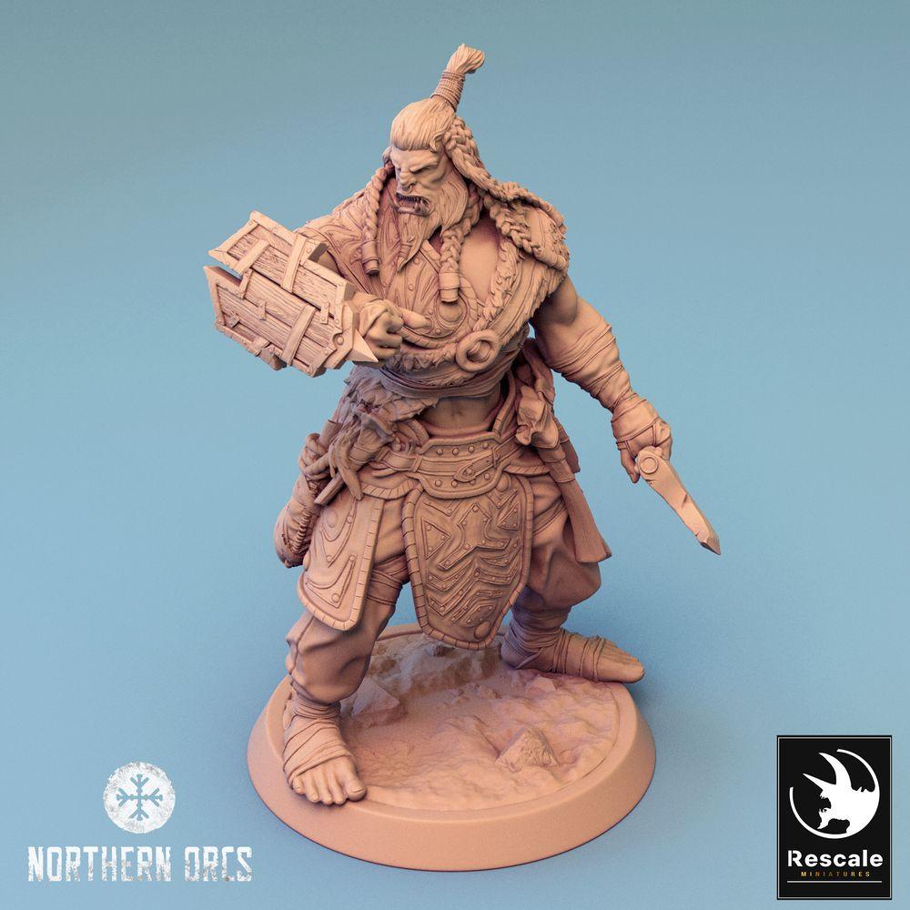 Productfoto Tabletop 28mm Lord of the Print (LotP) 0: Tabletop Miniatuur: Ork Krijger/Berserker met Haakzwaard en Kistenschild, Orc Warrior (24_04_H1)