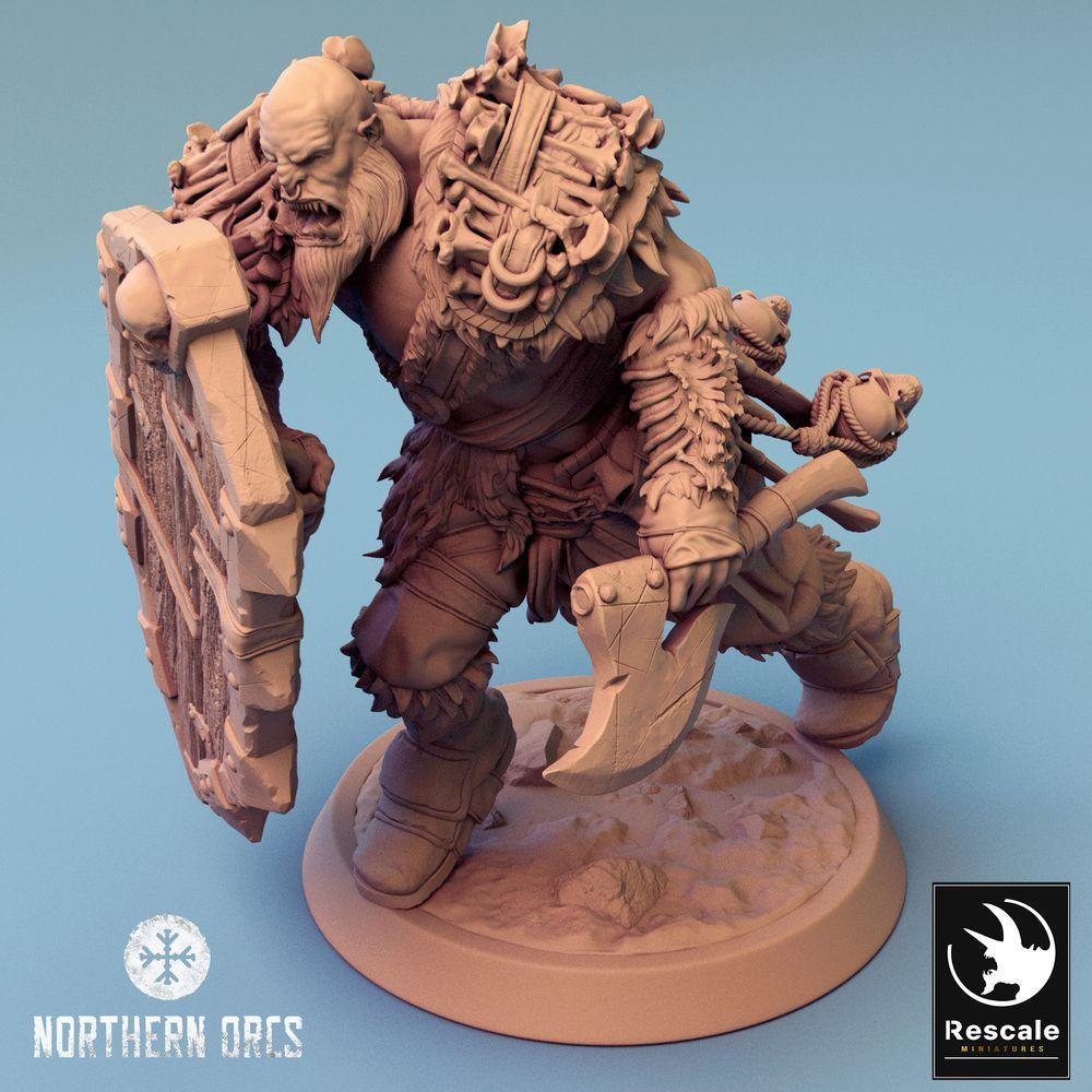 Productfoto Tabletop 28mm Lord of the Print (LotP) 0: Tabletop Miniatuur: Ork Schildkrieger met Bijl, Frontvechter in Aanval, Schildbreker, Orc Soldaat Bijl Run (24_04_H2)