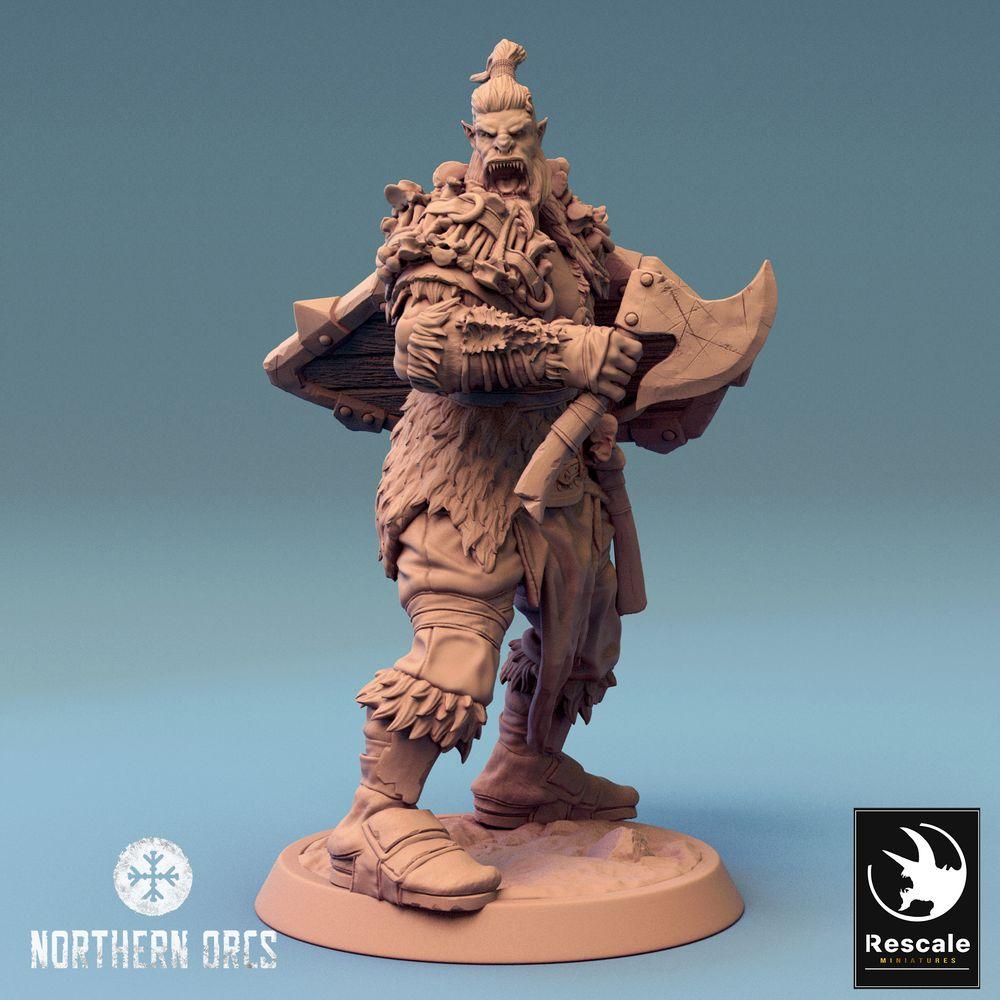 Productfoto Tabletop 28mm Lord of the Print (LotP) 0: Tabletop Miniatuur: Ork Krijger / Orc Warrior met Bijl en Schild - Berserker, Kampioen, Oorlogsleider, brullende Leider (24_04_H4)
