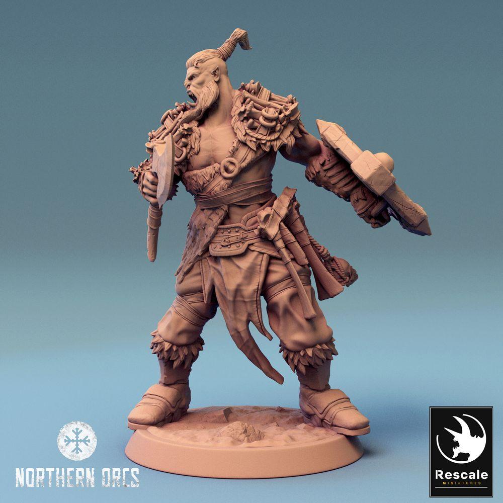 Productfoto Tabletop 28mm Lord of the Print (LotP) 0: Tabletop Miniatuur: Ork Krijger / Orc Warrior met Bijl en Schild - Berserker, Kampioen, Oorlogsleider, brullende Leider (24_04_H4)
