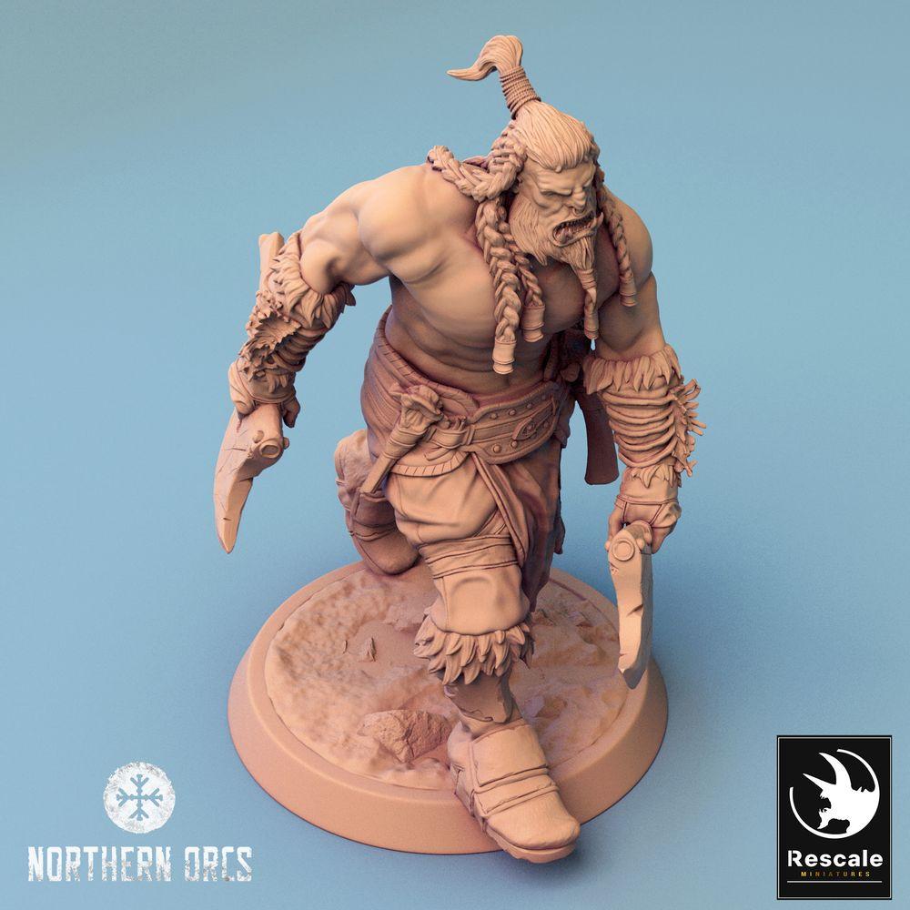 Productfoto Tabletop 28mm Lord of the Print (LotP) 0: Tabletop Miniatuur: Ork Krijger met Bijl en Haakzwaard, Orc Berserker, Bijlvechter in Aanval (24_04_H5)
