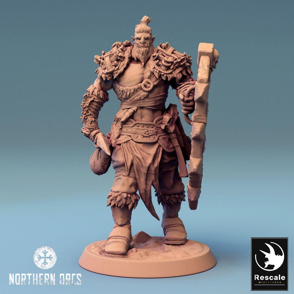 Productfoto Tabletop 28mm Lord of the Print (LotP) 0: Tabletop Miniatuur: Ork Krijger met Schild en Bijl, Orc Warrior, Schilddrager, Warlord (24_04_G1)