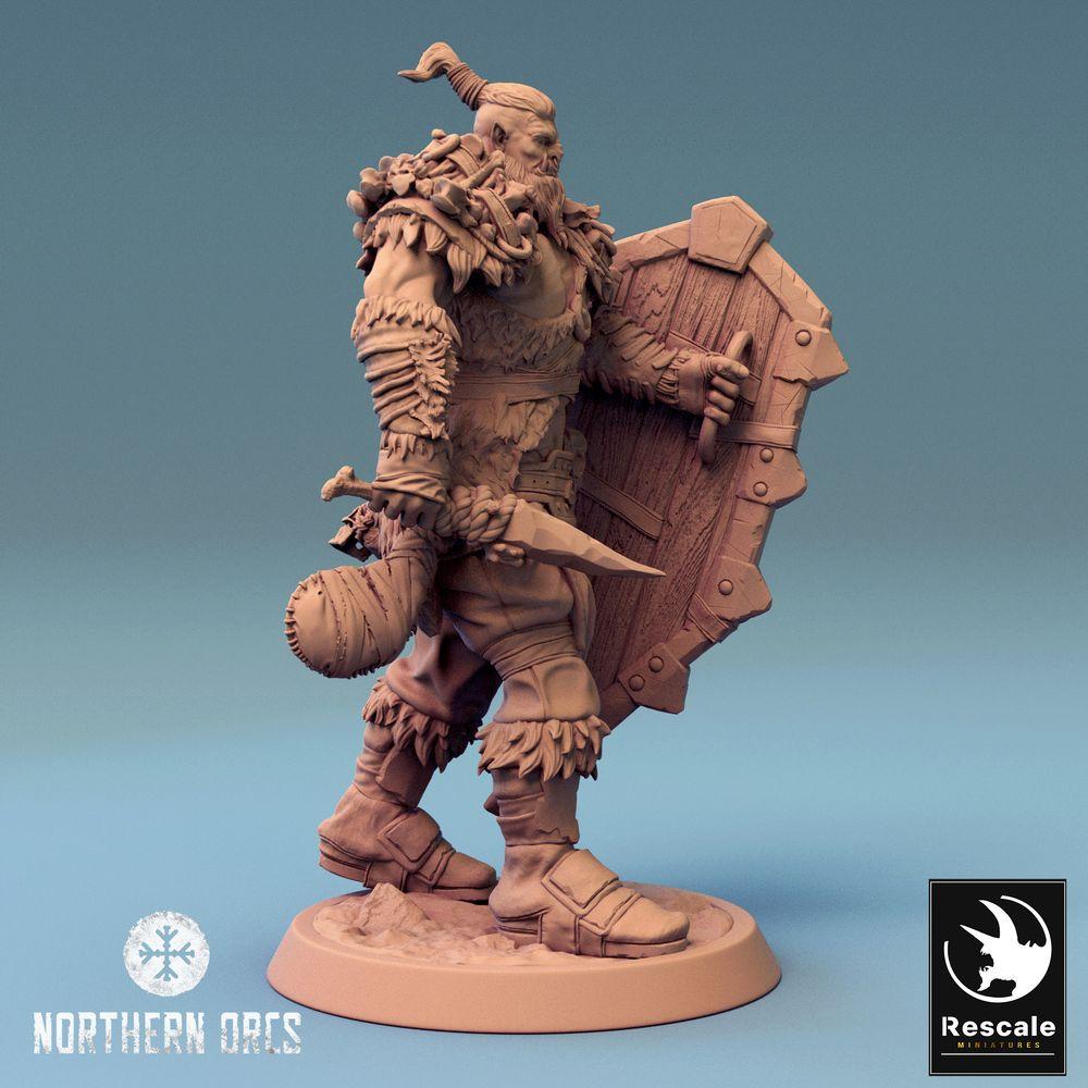 Productfoto Tabletop 28mm Lord of the Print (LotP) 0: Tabletop Miniatuur: Ork Krijger met Schild en Bijl, Orc Warrior, Schilddrager, Warlord (24_04_G1)