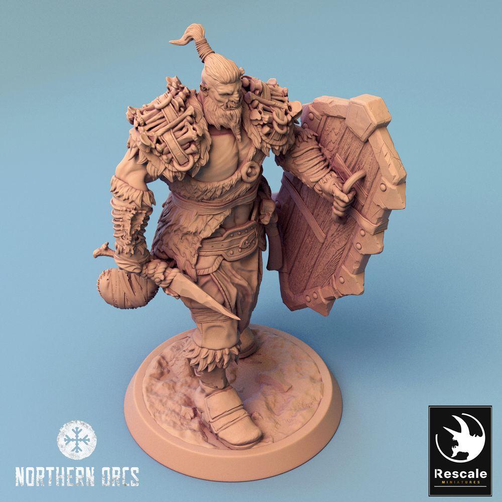 Productfoto Tabletop 28mm Lord of the Print (LotP) 0: Tabletop Miniatuur: Ork Krijger met Schild en Bijl, Orc Warrior, Schilddrager, Warlord (24_04_G1)