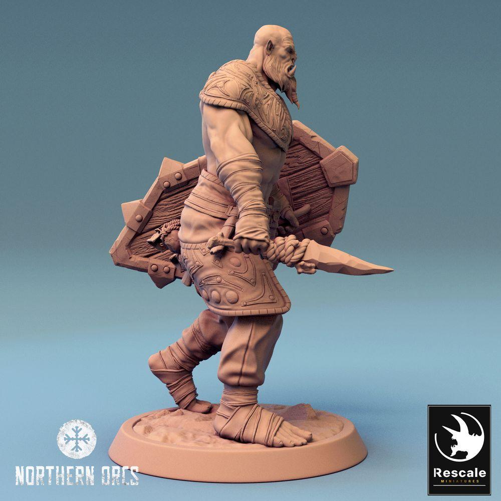 Productfoto Tabletop 28mm Lord of the Print (LotP) 0: Tabletop Miniatuur: Ork Krijger met Schild - Schildvechter, Frontvechter - Orc Warrior Shieldbearer (24_04_G2)