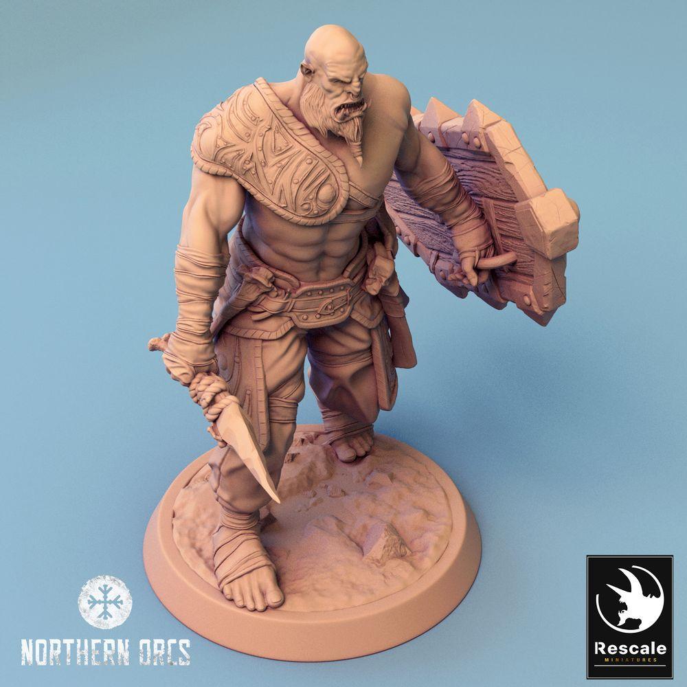 Productfoto Tabletop 28mm Lord of the Print (LotP) 0: Tabletop Miniatuur: Ork Krijger met Schild - Schildvechter, Frontvechter - Orc Warrior Shieldbearer (24_04_G2)