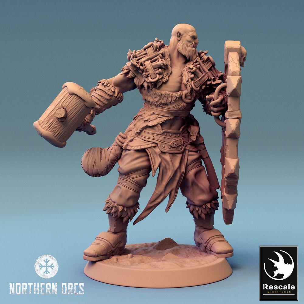 Productfoto Tabletop 28mm Lord of the Print (LotP) 0: Tabletop Miniatuur: Ork Krijger, Schilddrager met Groot Schild en Knuppel, Melee Strijder, Orc Schilddrager (24_04_I1)