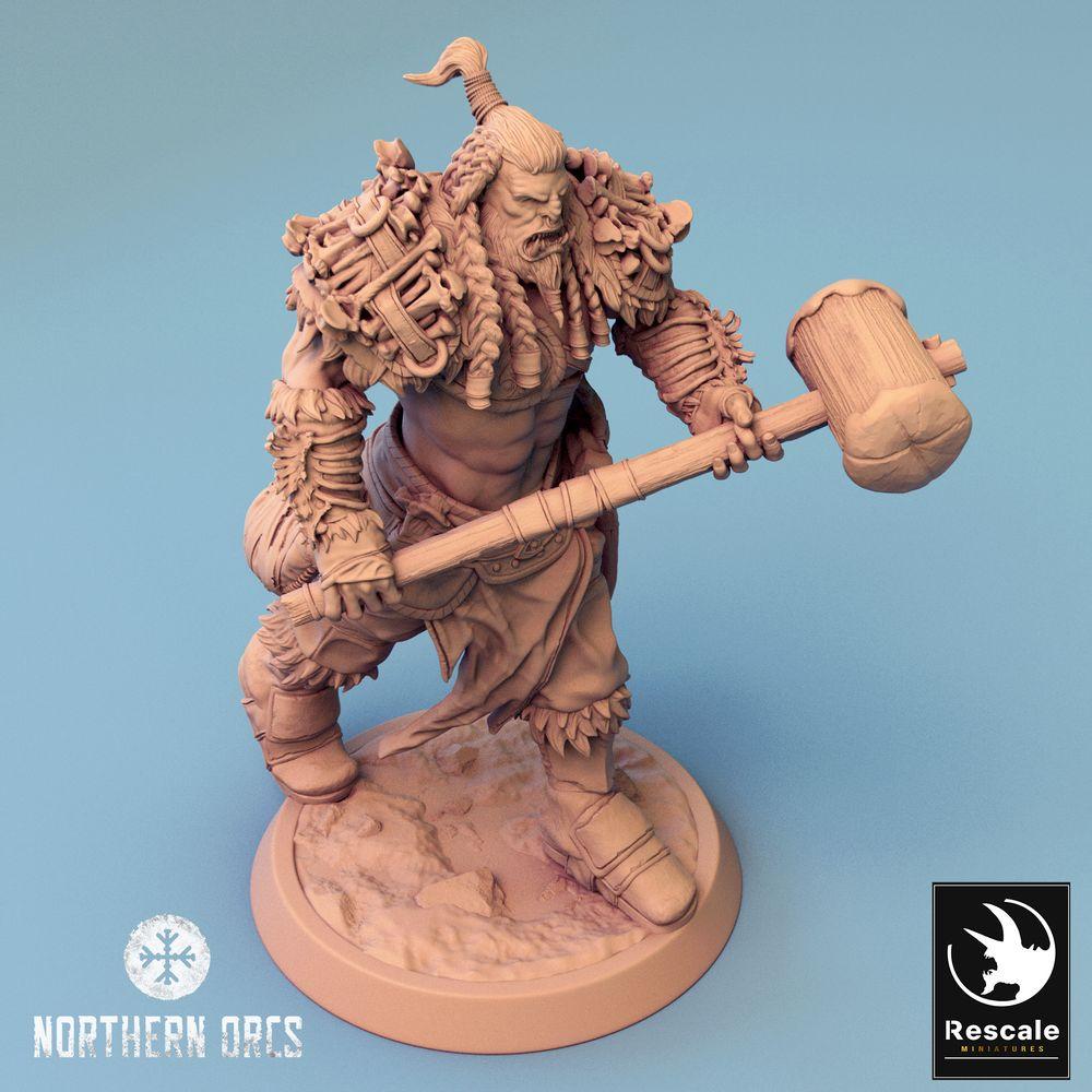 Productfoto Tabletop 28mm Lord of the Print (LotP) 0: Fantasy Figuur: Ork Krijger / Orc Warrior, Berserker en Stammestrijder met Oorlogshamer (24_04_I3)