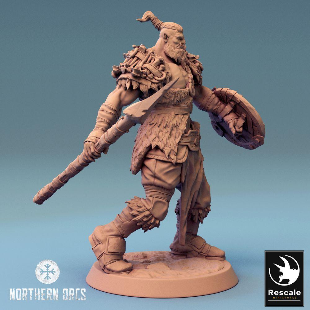 Productfoto Tabletop 28mm Lord of the Print (LotP) 0: Tabletop Miniatuur: Ork Speerdrager met Rond Schild, Orc Spearman, Ork Krijger, Stammeskrijger, Schilddrager (24_04_K2)