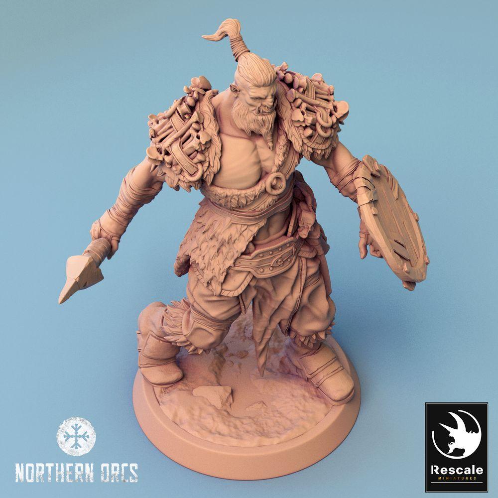 Productfoto Tabletop 28mm Lord of the Print (LotP) 0: Tabletop Miniatuur: Ork Speerdrager met Rond Schild, Orc Spearman, Ork Krijger, Stammeskrijger, Schilddrager (24_04_K2)