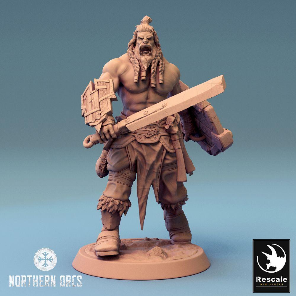 Productfoto Tabletop 28mm Lord of the Print (LotP) 0: Tabletop Miniatuur: Ork / Orc Krijger - brullende Barbar met Grootzwaard en Schild, Berserker (24_04_J1)