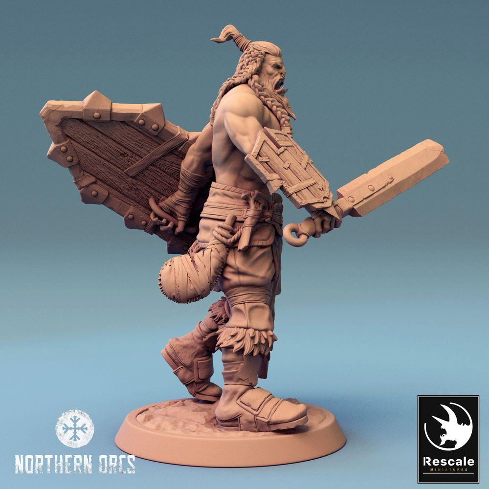Productfoto Tabletop 28mm Lord of the Print (LotP) 0: Tabletop Miniatuur: Ork / Orc Krijger - brullende Barbaar met Grootzwaard en Schild, Berserker (24_04_J1)