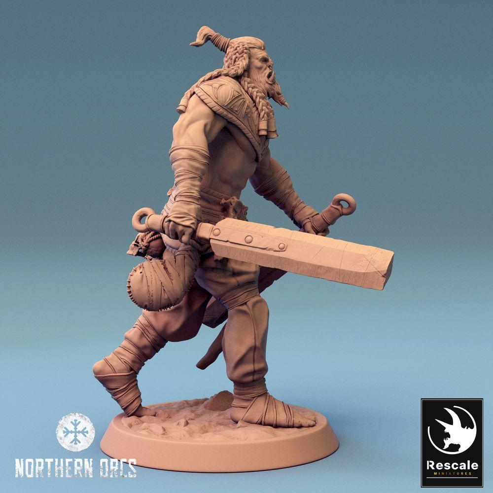 Productfoto Tabletop 28mm Lord of the Print (LotP) 0: Tabletop Miniatuur: Ork Krijger, Berserker met twee hakzwaarden, Dual-Wield Zwaardvechter, Stammeskrijger (24_04_J2)