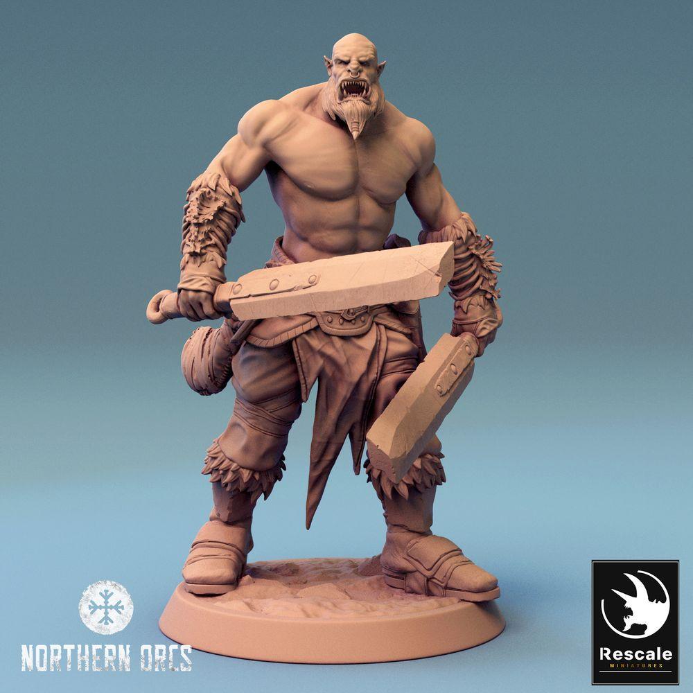 Productfoto Tabletop 28mm Lord of the Print (LotP) 0: Fantasy Figuur: Ork Krijger, Berserker met twee zwaarden, Stammeskampioen (Orc Dual Wield Warrior) (24_04_J5)