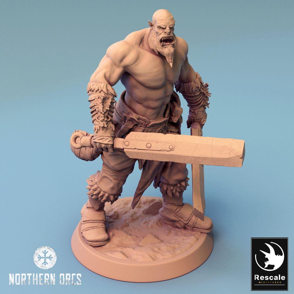 Productfoto Tabletop 28mm Lord of the Print (LotP) 0: Fantasy Figuur: Ork Krijger, Berserker met twee zwaarden, Stammeskampioen (Orc Dual Wield Warrior) (24_04_J5)
