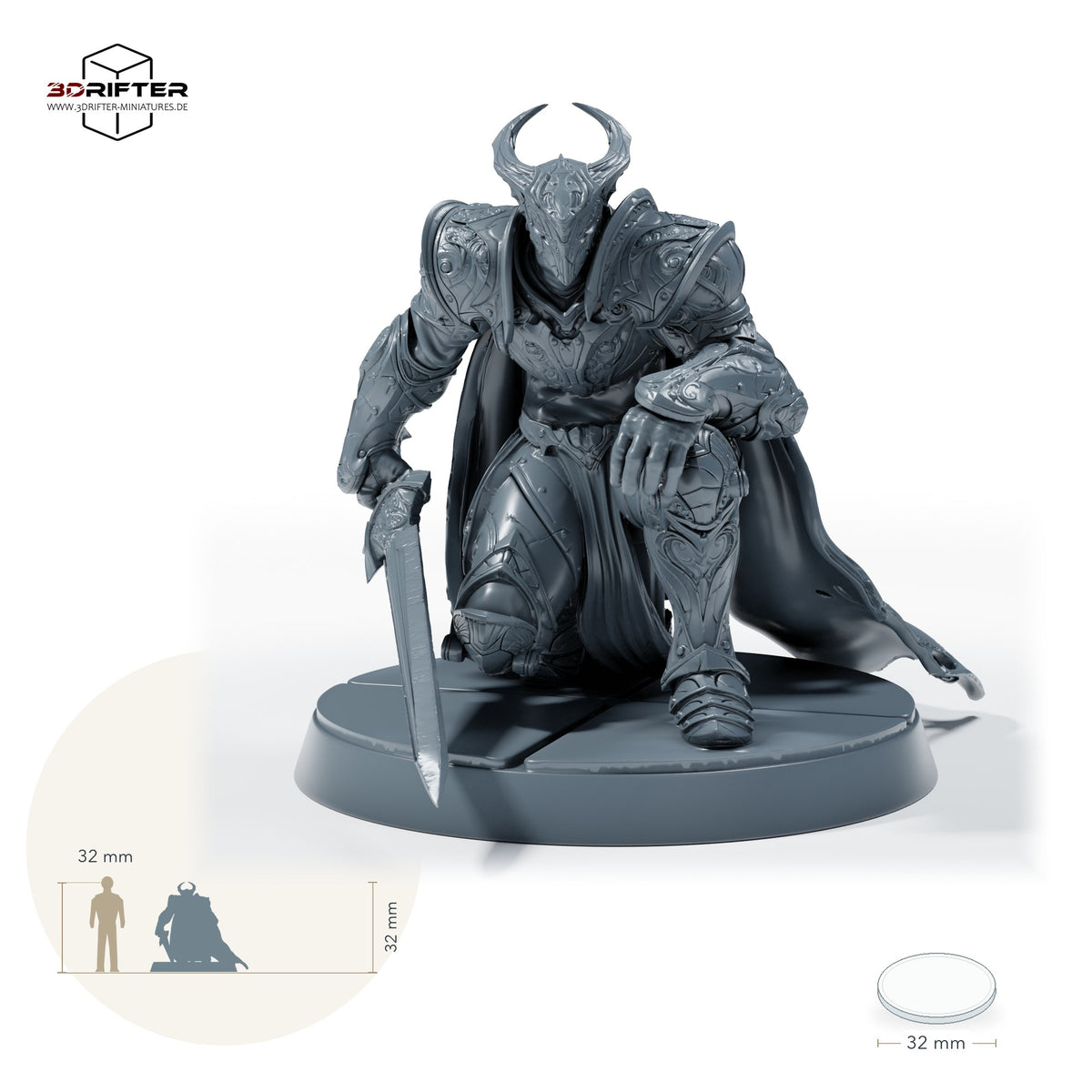 Bahamut-Ritter mit Schwert – A: Größenvergleich, ca. 32 mm Gesamthöhe inklusive Base und höchstem Teil, mit 32-mm-Referenzfigur.