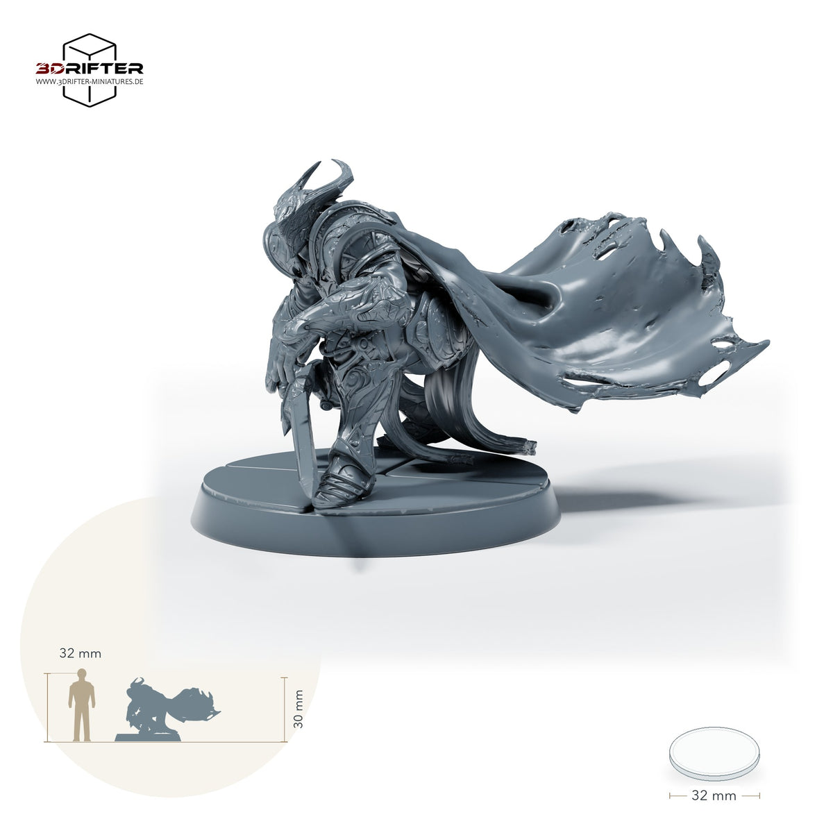Bahamut-Ritter mit Schwert – E: Größenvergleich, ca. 30 mm Gesamthöhe inklusive Base und höchstem Teil, mit 32-mm-Referenzfigur.
