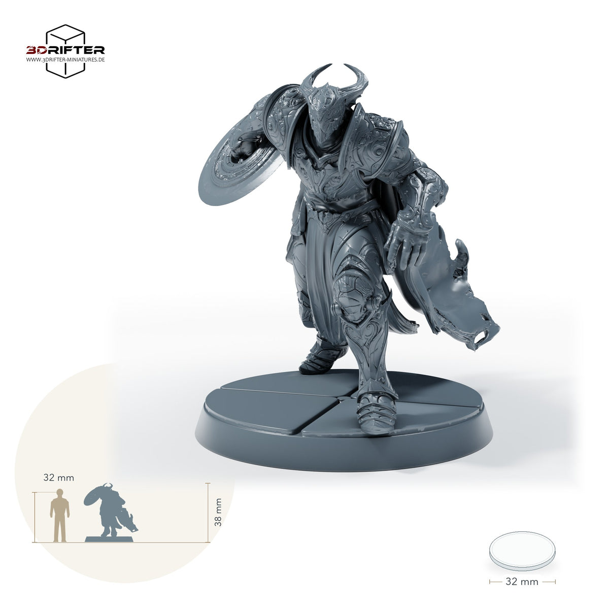 Bahamut-Ritter mit Ringklinge – A: Größenvergleich, ca. 38 mm Gesamthöhe inklusive Base und höchstem Teil, mit 32-mm-Referenzfigur.