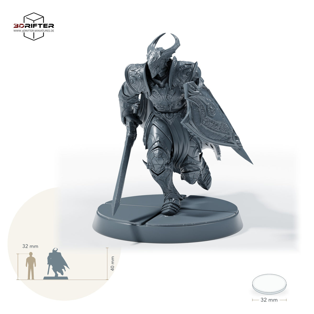 Bahamut-Ritter mit Schild – A: Größenvergleich, ca. 40 mm Gesamthöhe inklusive Base und höchstem Teil, mit 32-mm-Referenzfigur.
