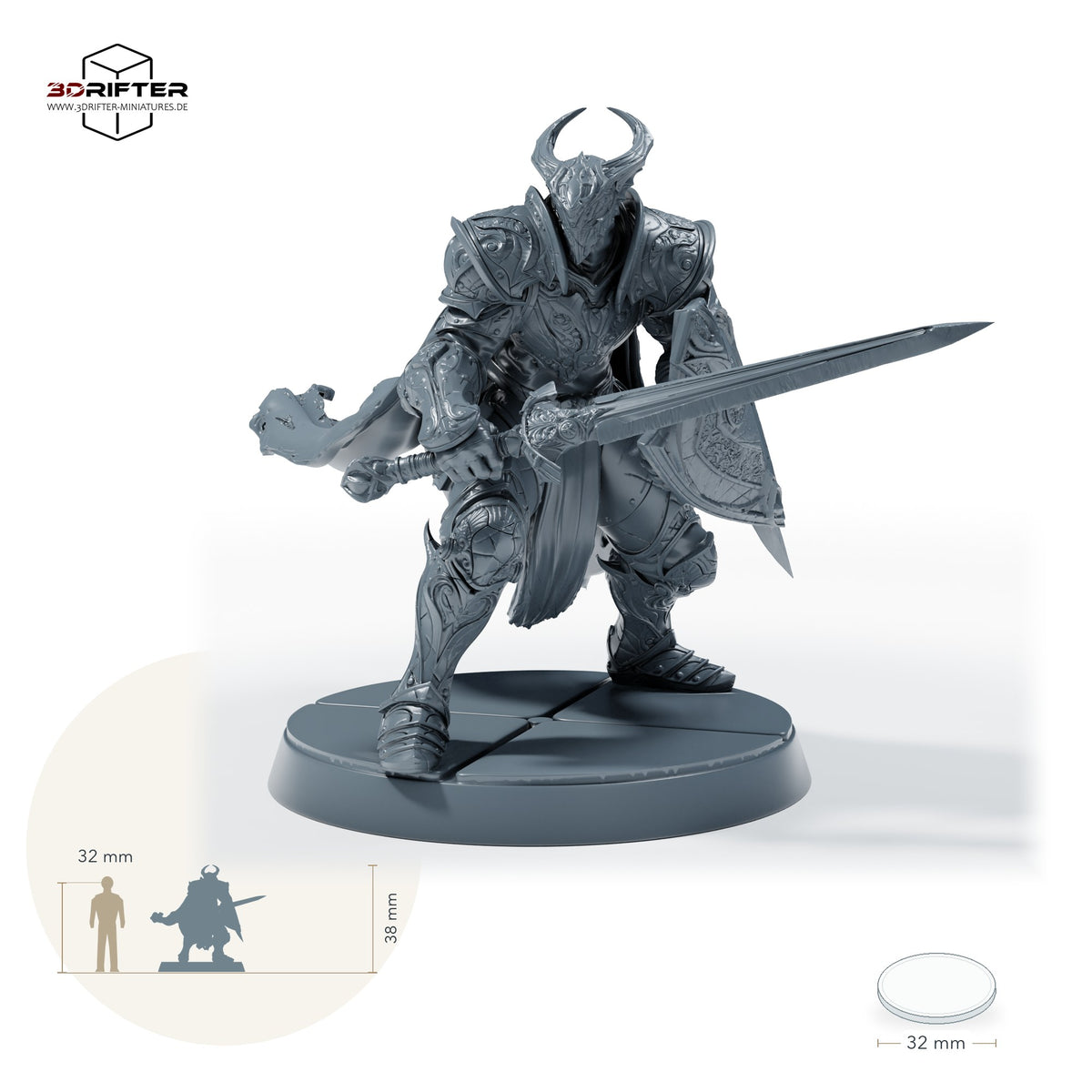 Bahamut-Ritter mit Schild – B: Größenvergleich, ca. 38 mm Gesamthöhe inklusive Base und höchstem Teil, mit 32-mm-Referenzfigur.