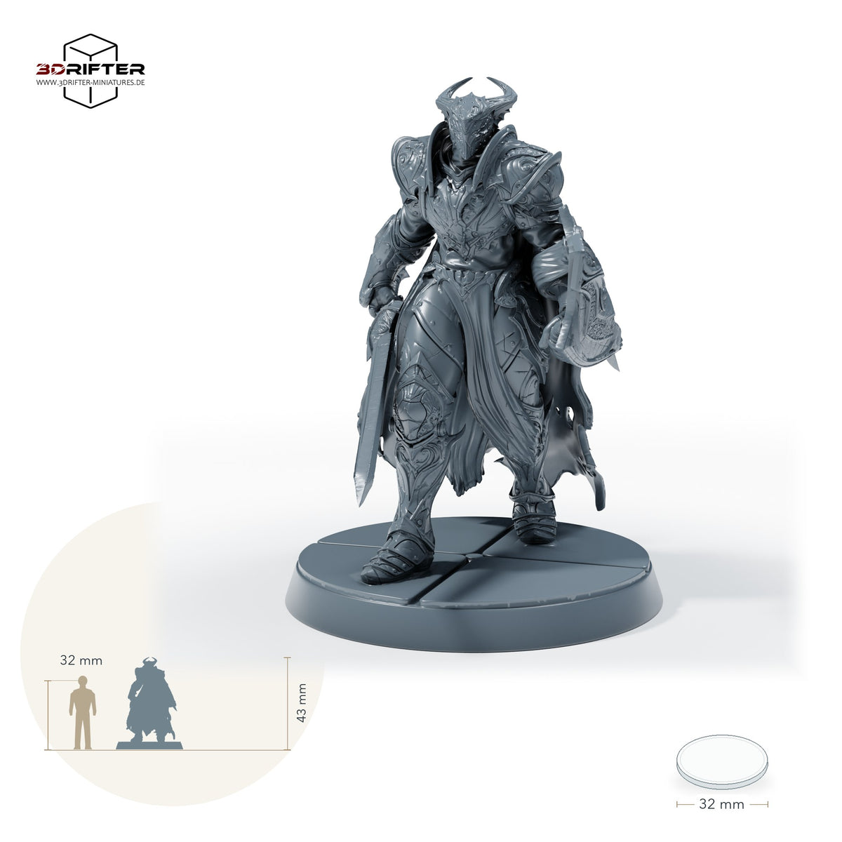 Bahamut-Ritter mit Schild – C: Größenvergleich, ca. 43 mm Gesamthöhe inklusive Base und höchstem Teil, mit 32-mm-Referenzfigur.