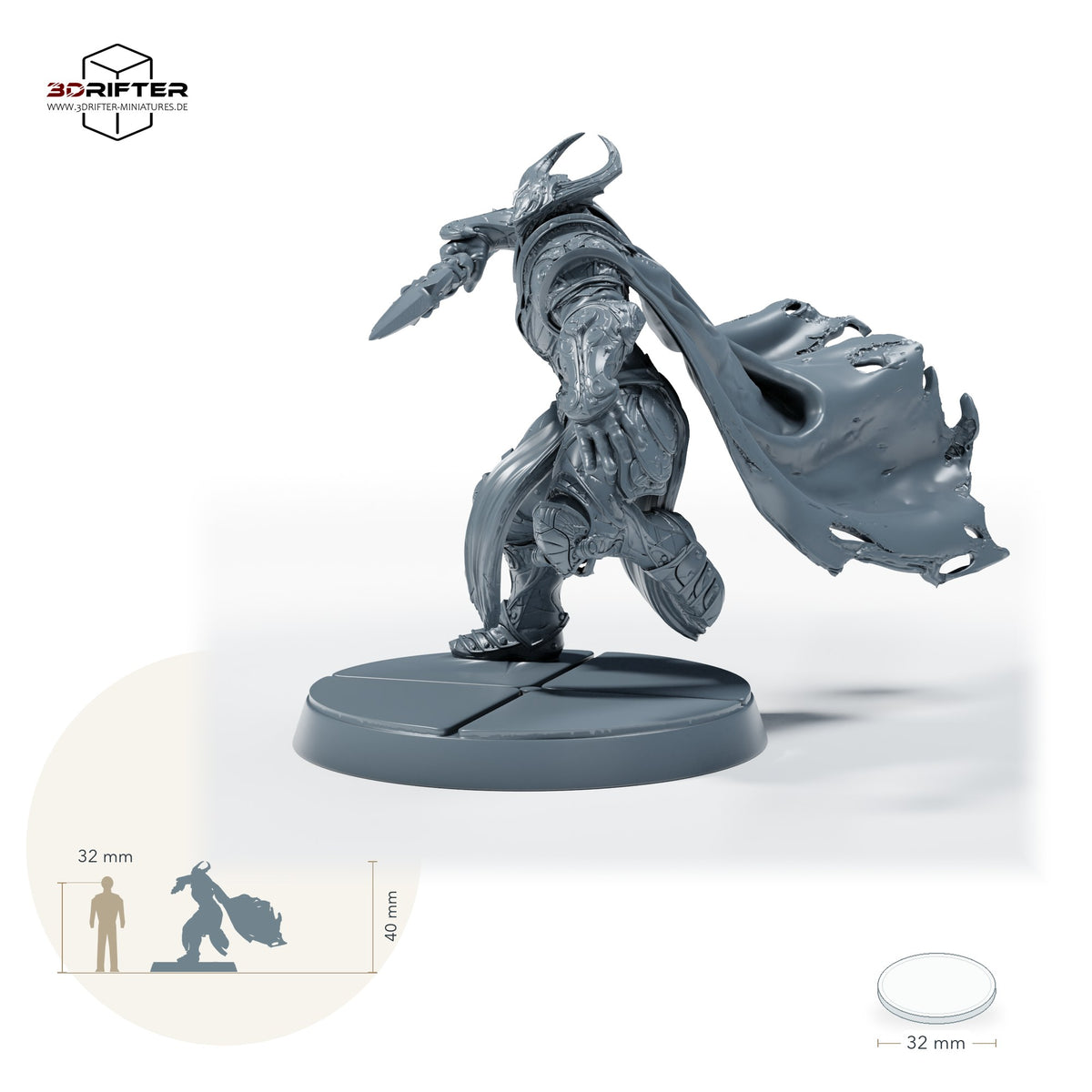 Bahamut-Ritter mit Speer – A: Größenvergleich, ca. 40 mm Gesamthöhe inklusive Base und höchstem Teil, mit 32-mm-Referenzfigur.