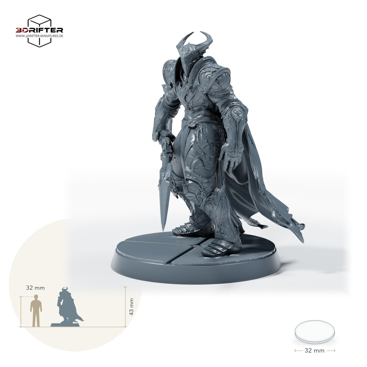 Bahamut-Ritter mit Speer – D: Größenvergleich, ca. 43 mm Gesamthöhe inklusive Base und höchstem Teil, mit 32-mm-Referenzfigur.