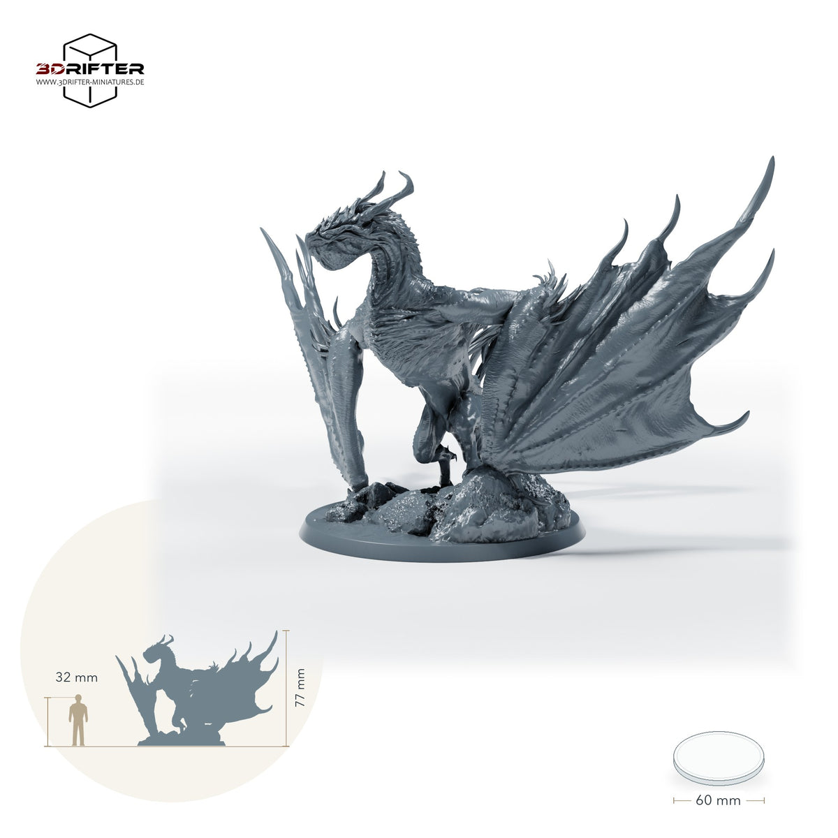 Wyvernreiter mit Schwert – Ohne Reiter: Größenvergleich, ca. 77 mm Gesamthöhe inklusive Base und höchstem Teil, mit 32-mm-Referenzfigur.