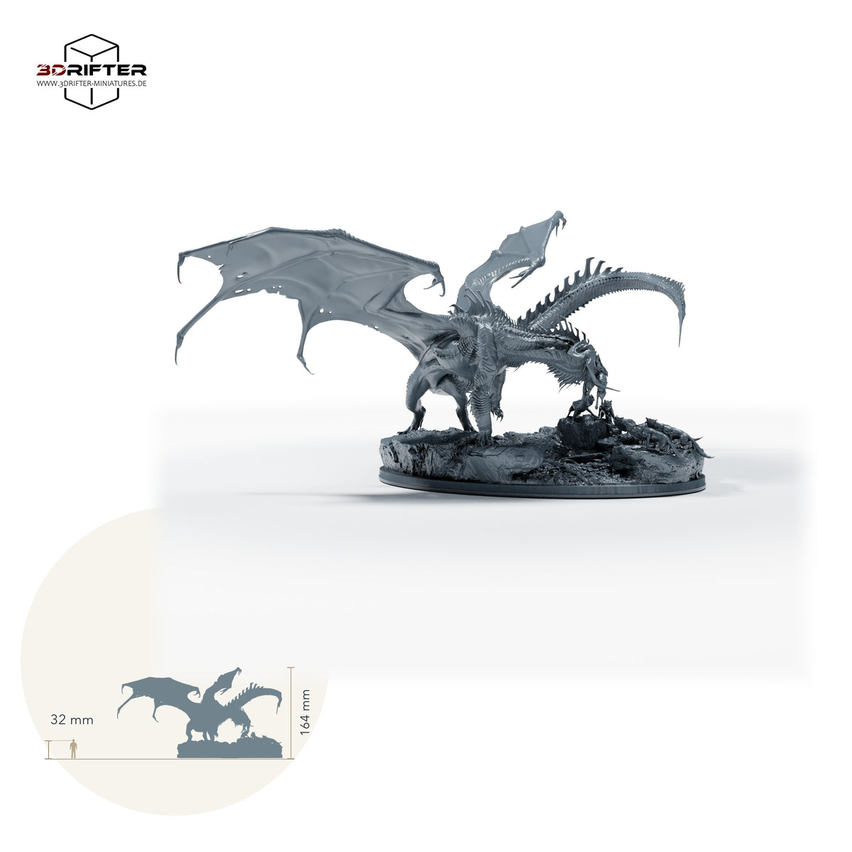 Black Dragon Hunt – Schwarzer Drache mit Jagdhunden auf szenischer Felsenbase: Größenvergleich, ca. 164 mm Gesamthöhe inklusive Base und höchstem Teil, mit 32-mm-Referenzfigur.