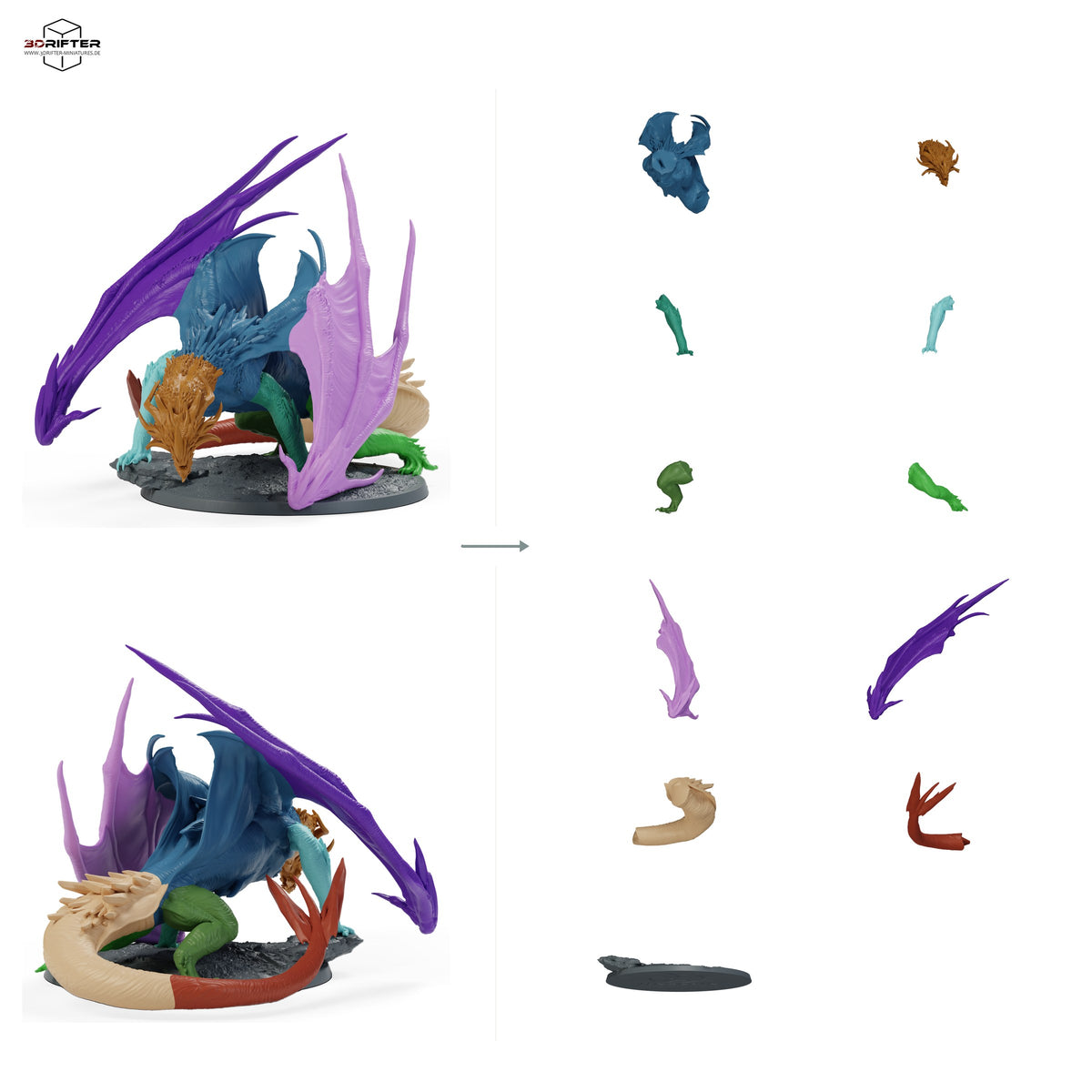 Saphirdrache (Sapphire Dragon, erwachsen), Kristalldrache, Edelstein-Drache, Großdrache, Bossmonster, zum Sprung bereit, Odemangriff: Bauteilübersicht mit Vorder- und Rückansicht sowie 11 farblich markierten Einzelteilen.