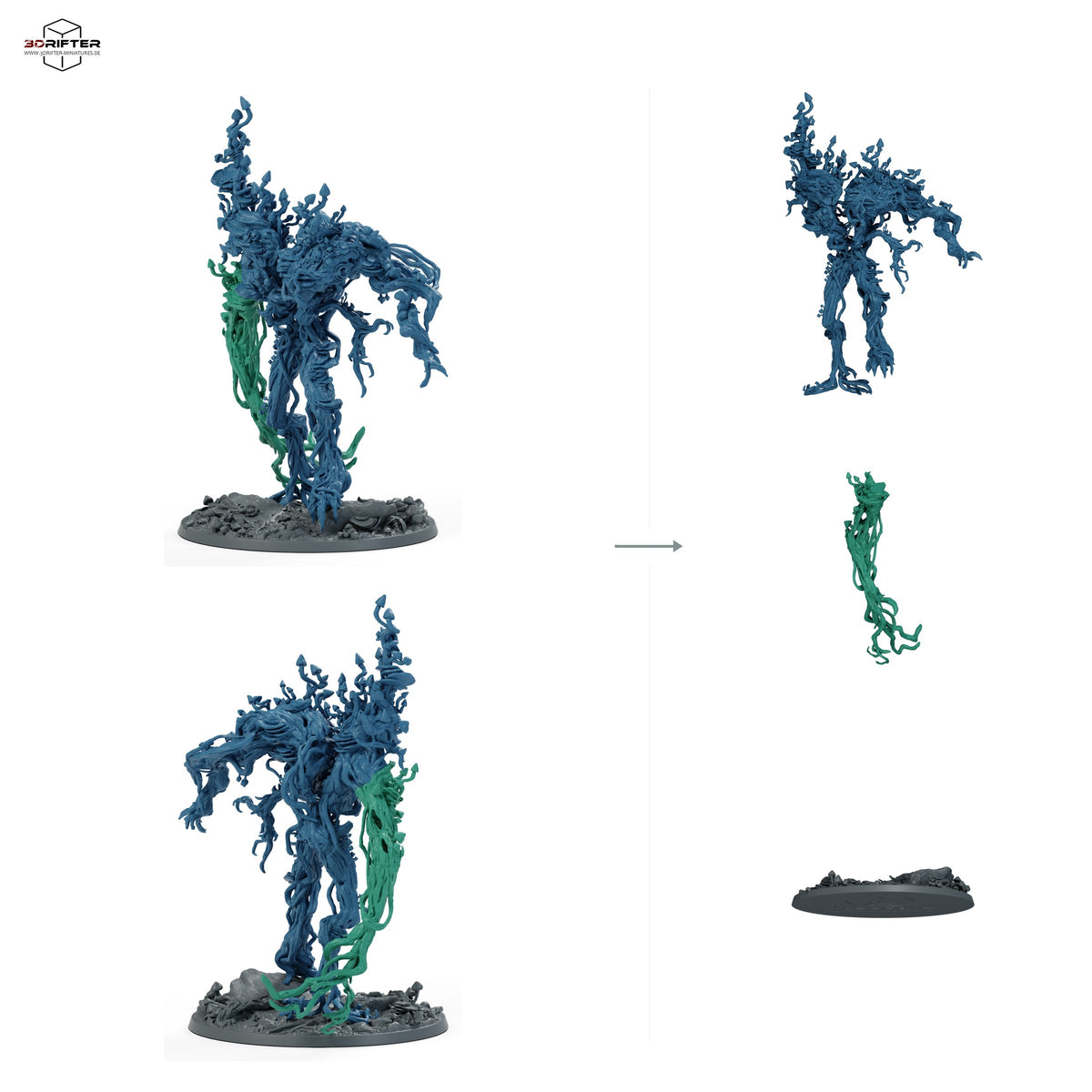Violet Fungus Titan – Violetter Pilzkoloss, Sporen-Titan, Pflanzen-Golem, Waldhorror Boss-Monster: Bauteilübersicht mit Vorder- und Rückansicht sowie 3 farblich markierten Einzelteilen.
