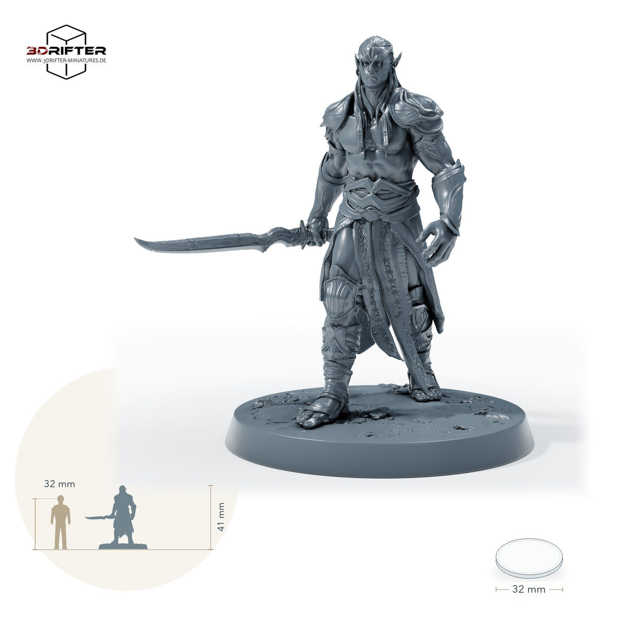 Dunkelelf Dark Elf Schwertkämpfer, Klingenmeister, schreitender Elfenkrieger und Duellant mit verziertem Krummschwert: Größenvergleich, ca. 41 mm Gesamthöhe inklusive Base und höchstem Teil, mit 32-mm-Referenzfigur.