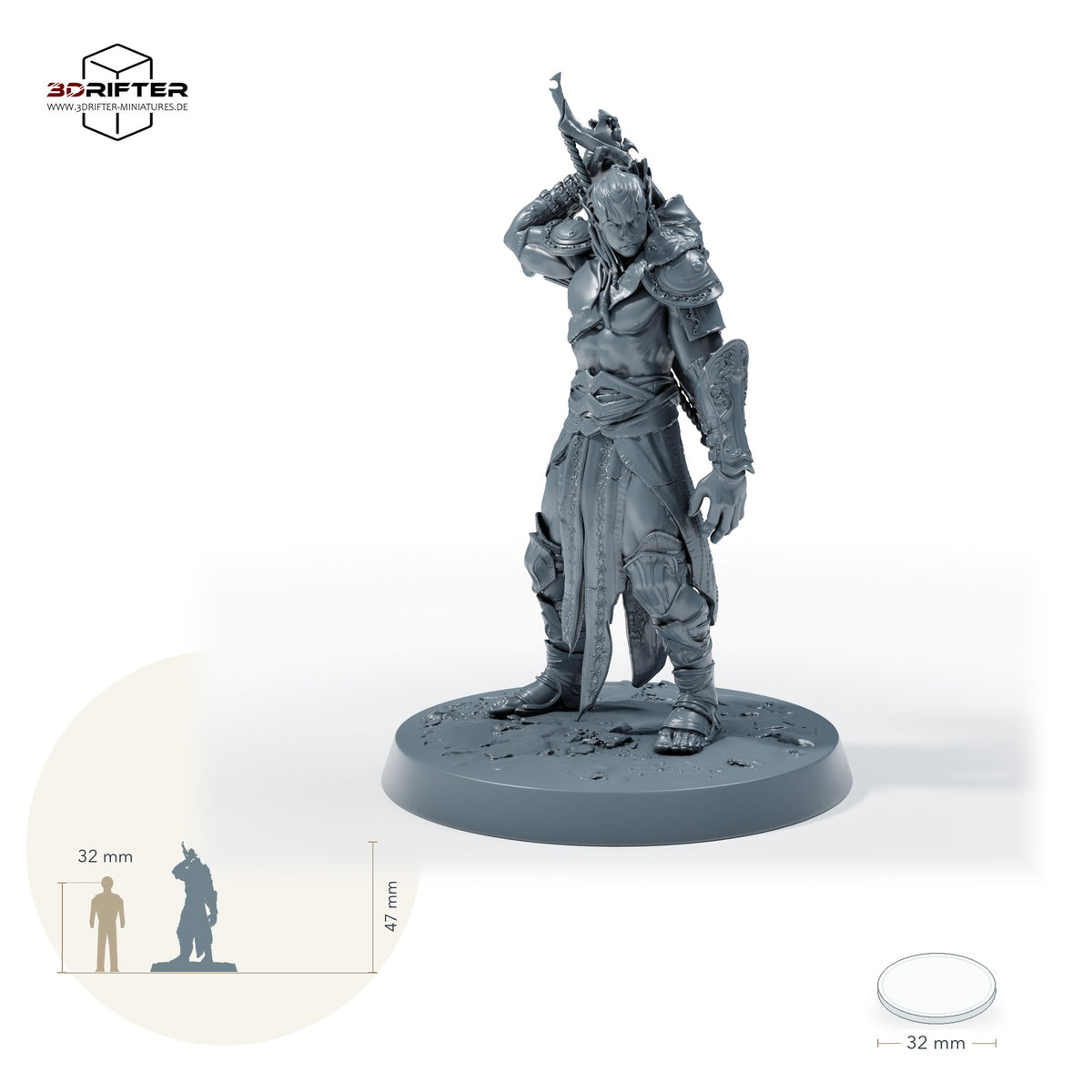 Dunkelelf Bogenschütze / Dark Elf Archer in stehender Schützenpose: Größenvergleich, ca. 47 mm Gesamthöhe inklusive Base und höchstem Teil, mit 32-mm-Referenzfigur.