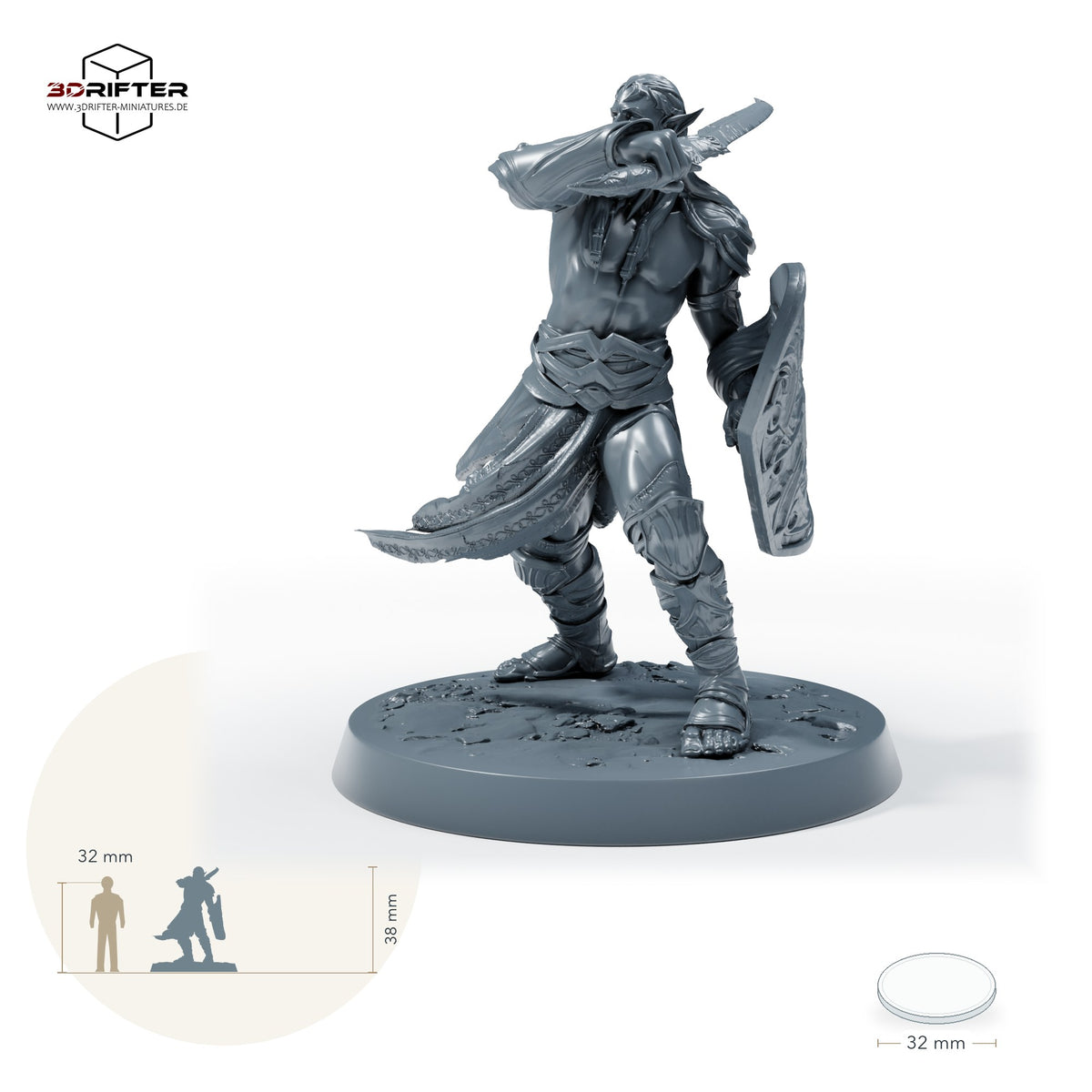 Dunkelelf Schildkämpfer, Duellant und Nahkämpfer mit Kurzsäbel und Buckler – Dark Elf: Größenvergleich, ca. 38 mm Gesamthöhe inklusive Base und höchstem Teil, mit 32-mm-Referenzfigur.