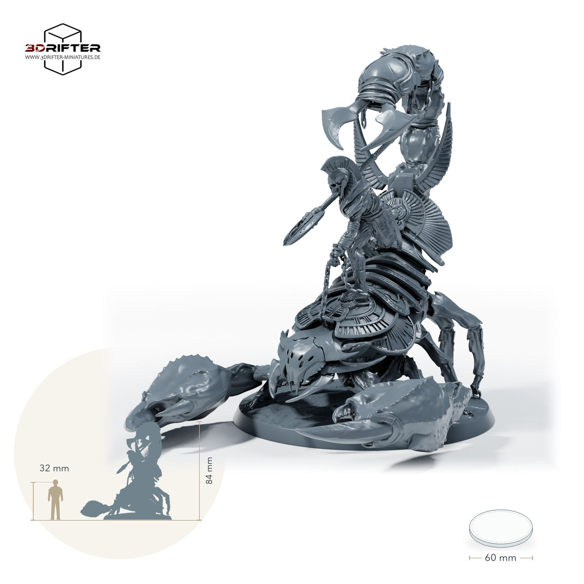 Skelett-Skorpionreiter mit Doppelaxt – Mit Reiter: Größenvergleich, ca. 84 mm Gesamthöhe inklusive Base und höchstem Teil, mit 32-mm-Referenzfigur.