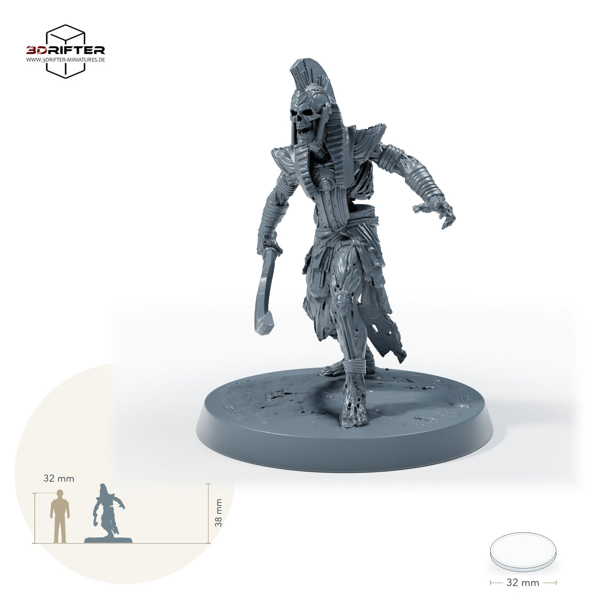 Untoter Khopesh-Krieger – C: Größenvergleich, ca. 38 mm Gesamthöhe inklusive Base und höchstem Teil, mit 32-mm-Referenzfigur.