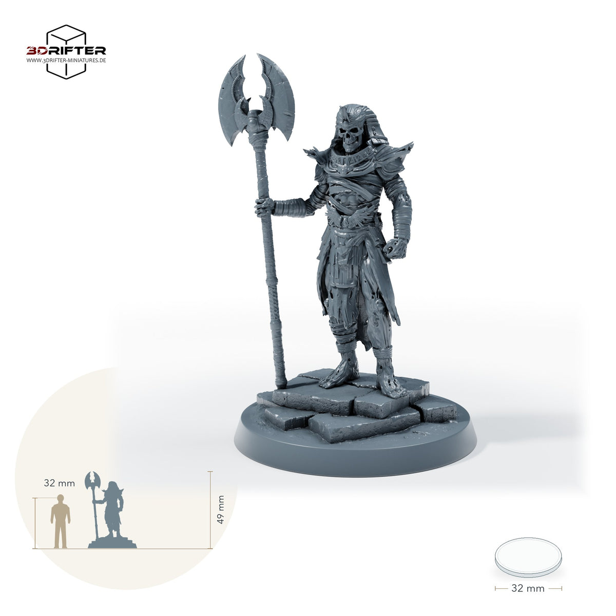 Untoter Hellebardier-Anführer – Standard: Größenvergleich, ca. 49 mm Gesamthöhe inklusive Base und höchstem Teil, mit 32-mm-Referenzfigur.