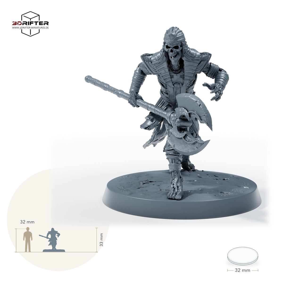 Untoter Hellebardier-Anführer – B: Größenvergleich, ca. 33 mm Gesamthöhe inklusive Base und höchstem Teil, mit 32-mm-Referenzfigur.