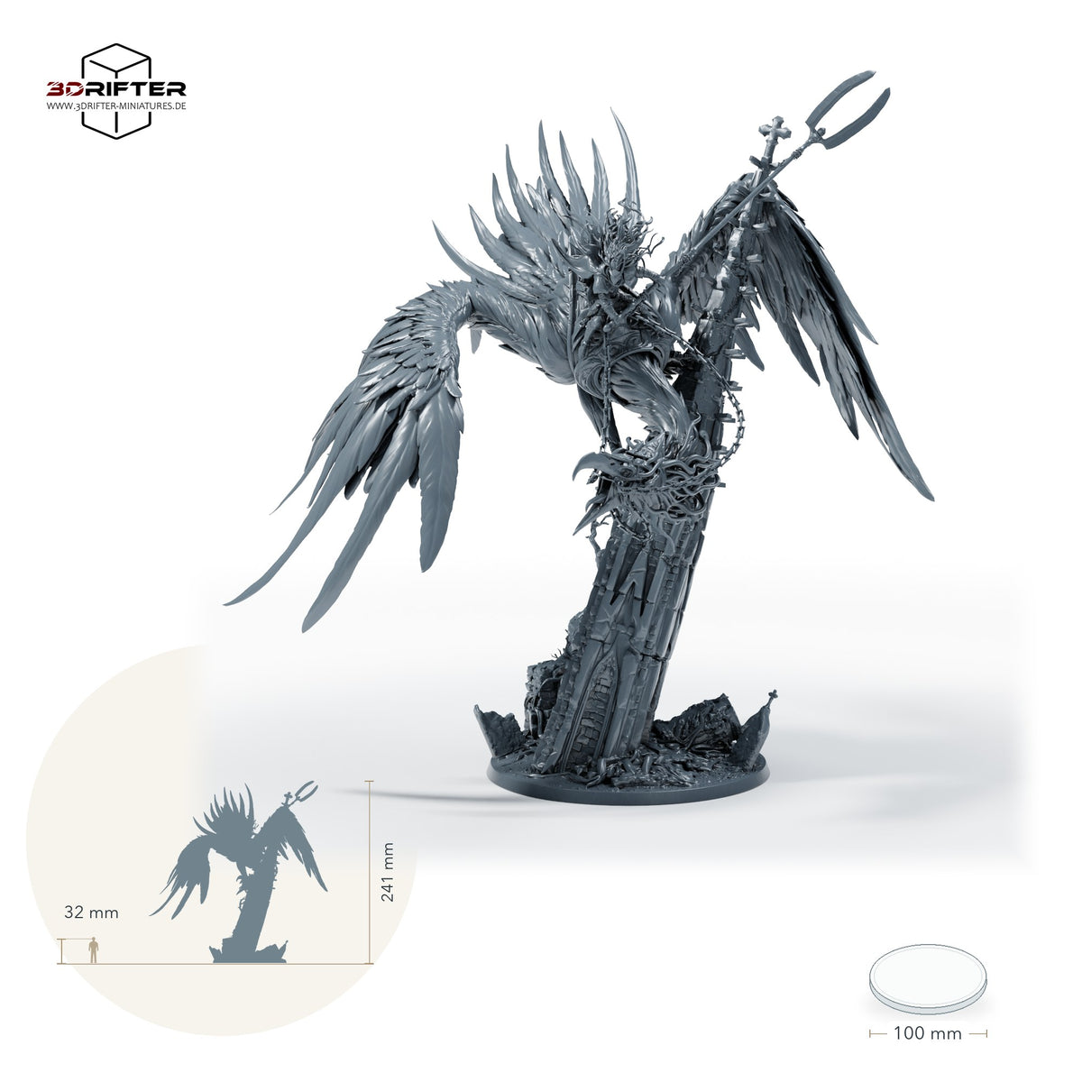 Geflügeltes Reitmonster mit Sturzflugpose – Mit Reiter: Größenvergleich, ca. 241 mm Gesamthöhe inklusive Base und höchstem Teil, mit 32-mm-Referenzfigur.