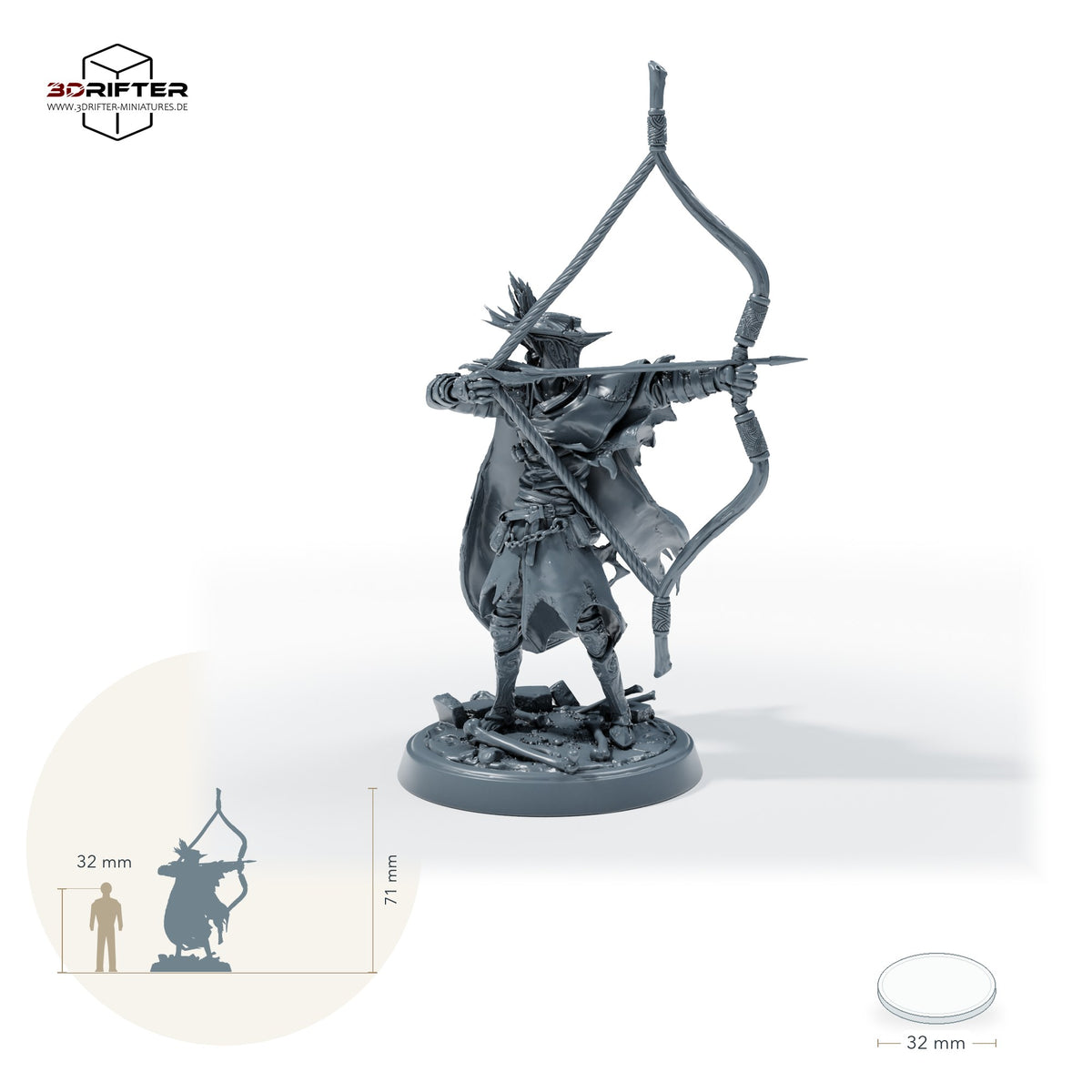 Kathedralen-Jäger mit Bogen – Standard: Größenvergleich, ca. 71 mm Gesamthöhe inklusive Base und höchstem Teil, mit 32-mm-Referenzfigur.