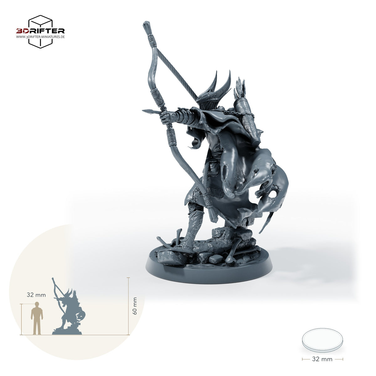 Kathedralen-Jäger mit Bogen – Standard (26_05_F6): Größenvergleich, ca. 60 mm Gesamthöhe inklusive Base und höchstem Teil, mit 32-mm-Referenzfigur.