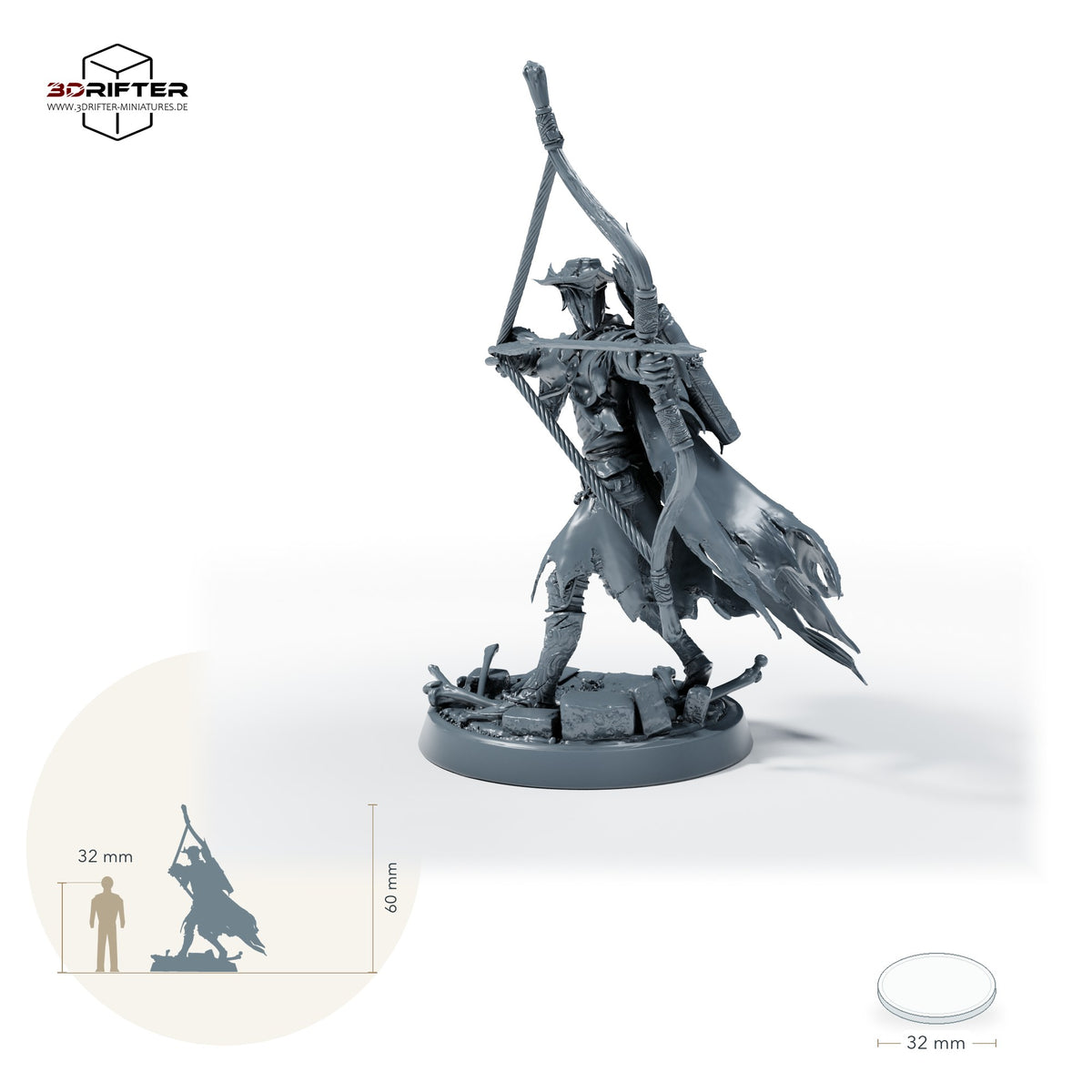 Kathedralen-Jäger mit Bogen – Standard (26_05_F10): Größenvergleich, ca. 60 mm Gesamthöhe inklusive Base und höchstem Teil, mit 32-mm-Referenzfigur.