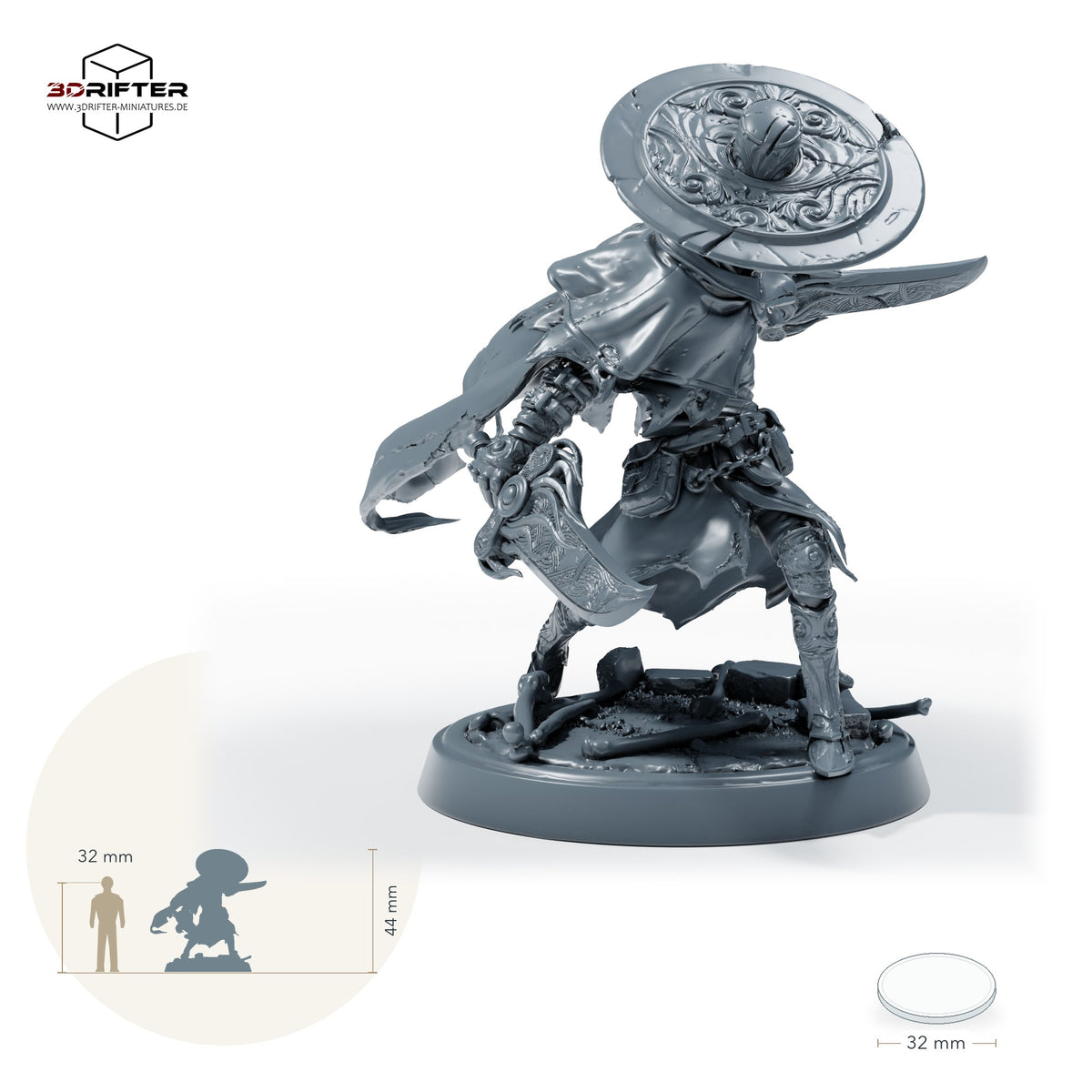 Maskierter Doppelklingenkrieger – Standard (26_05_F7): Größenvergleich, ca. 44 mm Gesamthöhe inklusive Base und höchstem Teil, mit 32-mm-Referenzfigur.
