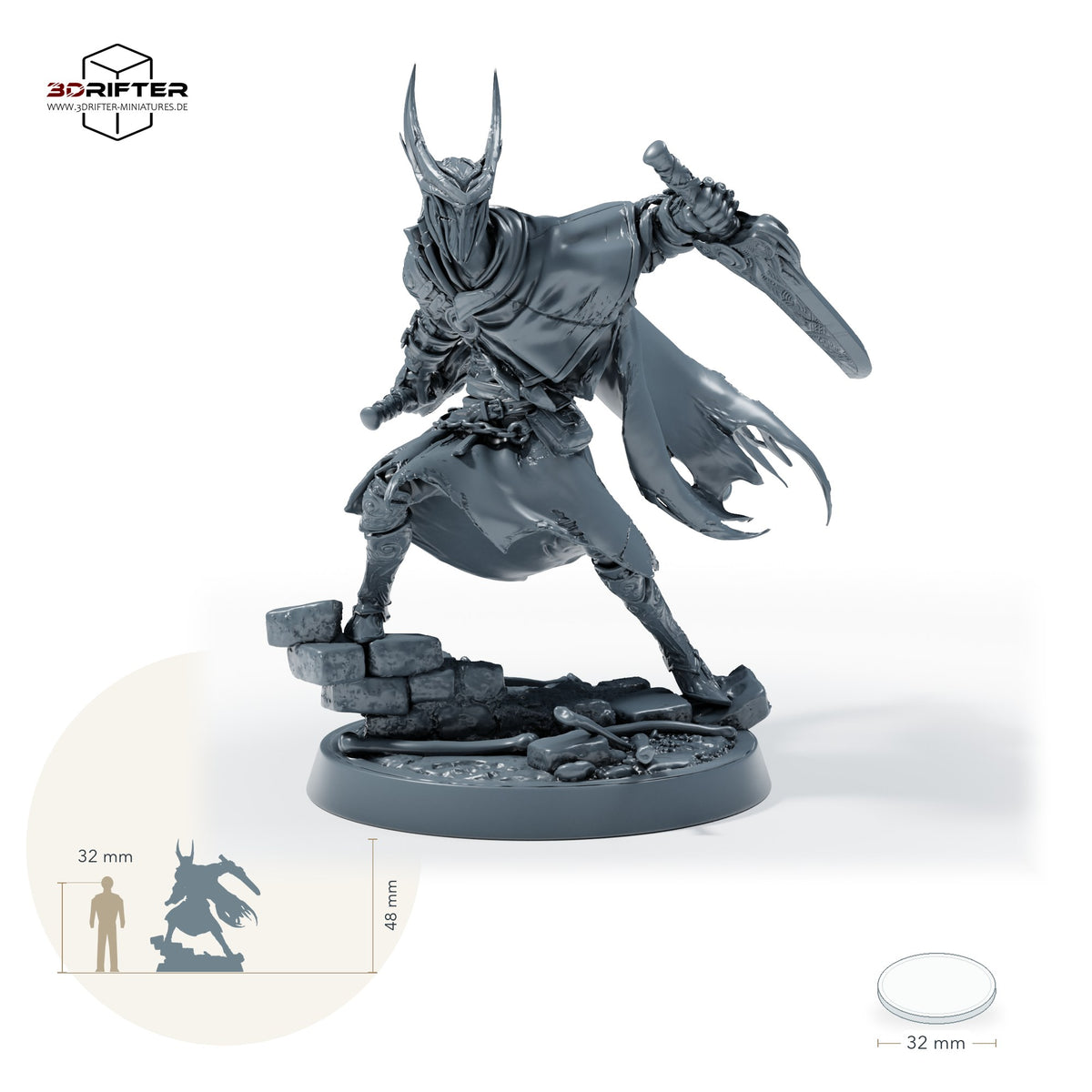 Maskierter Doppelklingenkrieger – Standard (26_05_F18): Größenvergleich, ca. 48 mm Gesamthöhe inklusive Base und höchstem Teil, mit 32-mm-Referenzfigur.