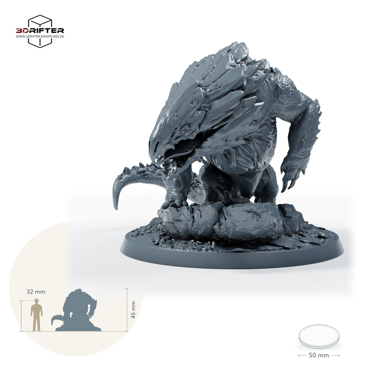 Goblinreiter auf gepanzertem Monster – Unberitten: Größenvergleich, ca. 45 mm Gesamthöhe inklusive Base und höchstem Teil, mit 32-mm-Referenzfigur.