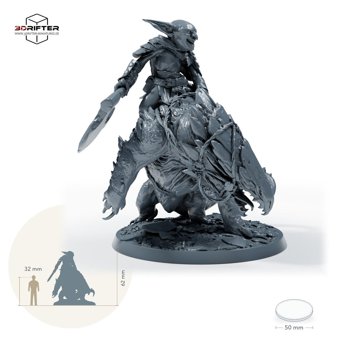 Goblinreiter auf gepanzertem Reitmonster – Mit Reiter: Größenvergleich, ca. 62 mm Gesamthöhe inklusive Base und höchstem Teil, mit 32-mm-Referenzfigur.