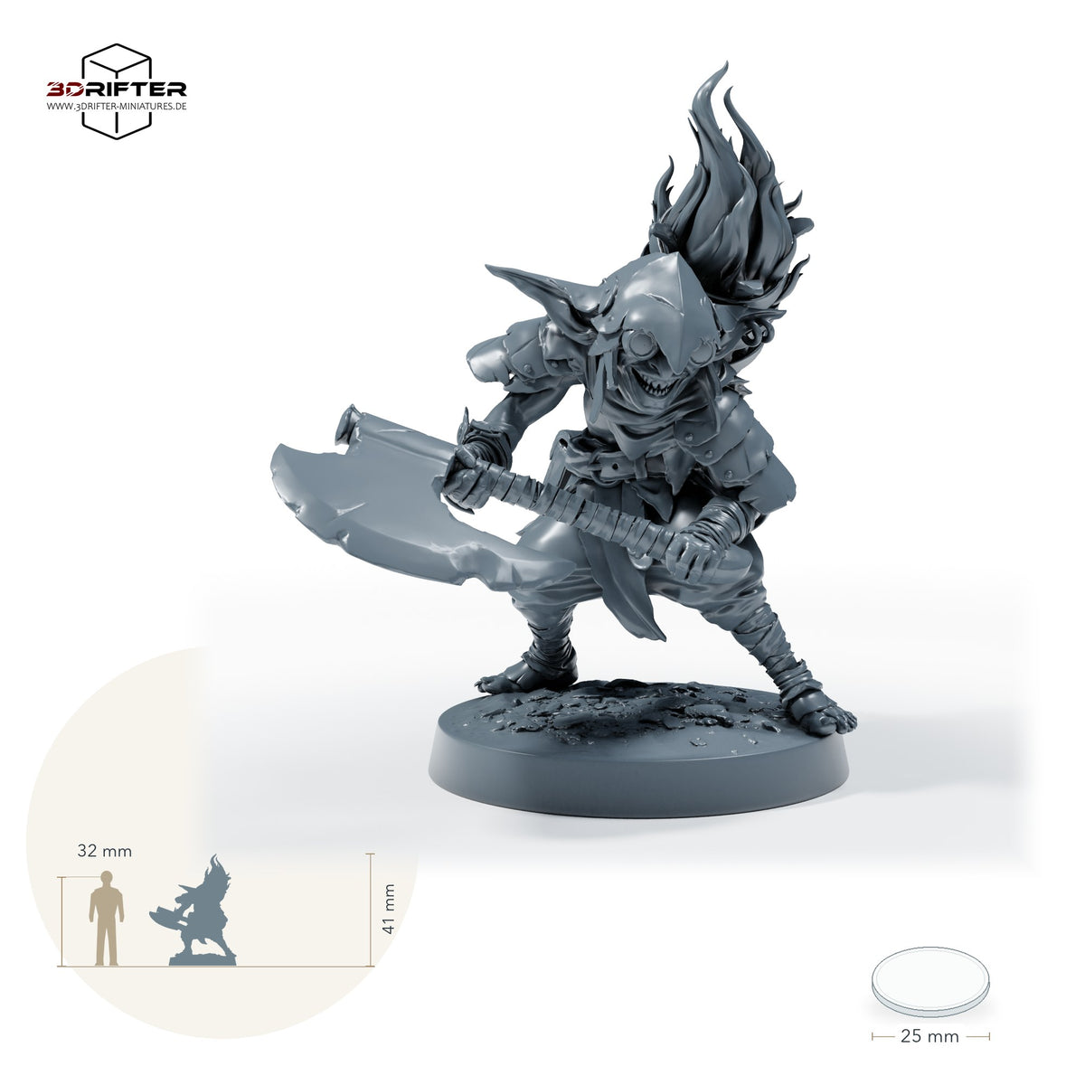 Goblin-Axtkrieger – B: Größenvergleich, ca. 41 mm Gesamthöhe inklusive Base und höchstem Teil, mit 32-mm-Referenzfigur.