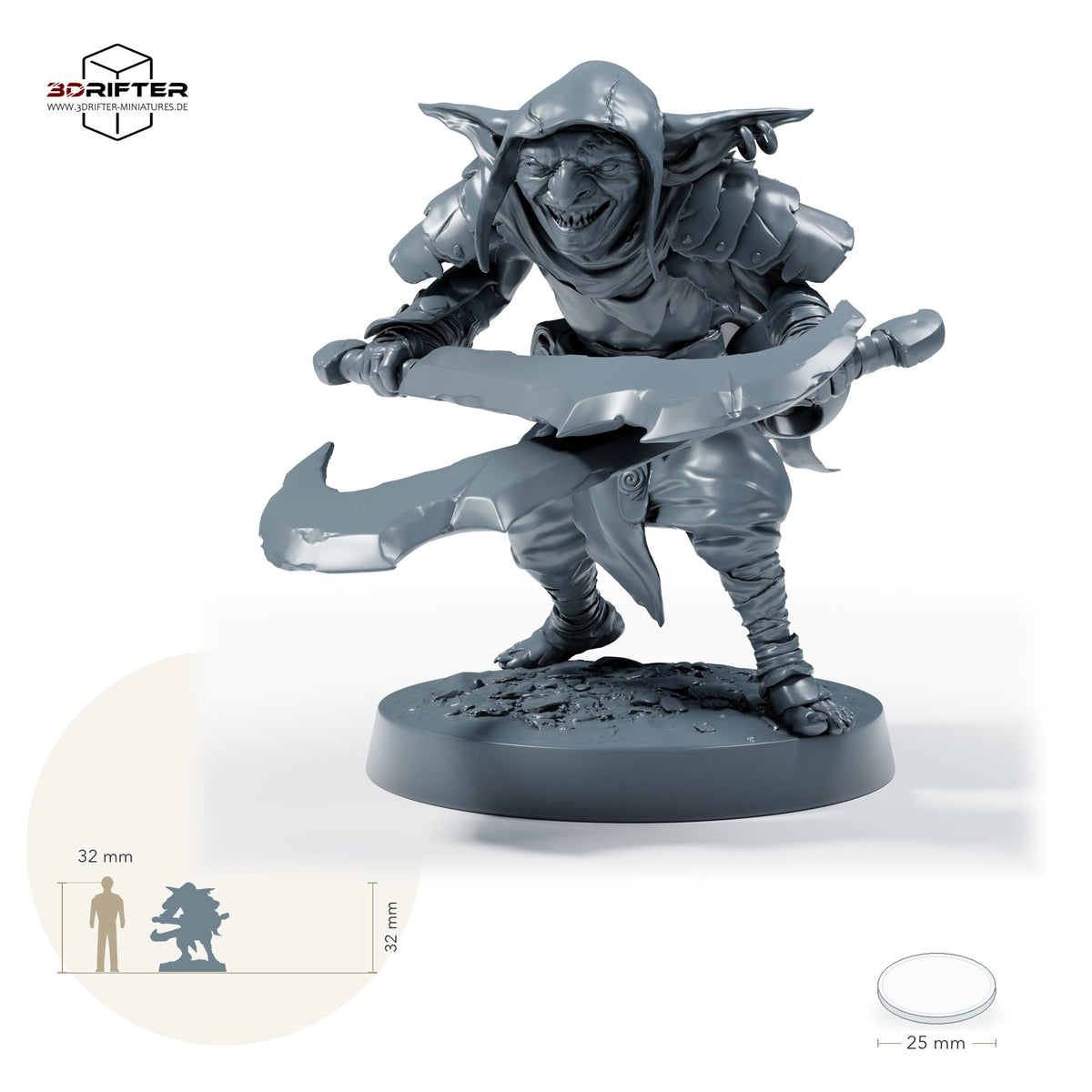 Goblin-Doppelschwertkämpfer – A: Größenvergleich, ca. 32 mm Gesamthöhe inklusive Base und höchstem Teil, mit 32-mm-Referenzfigur.