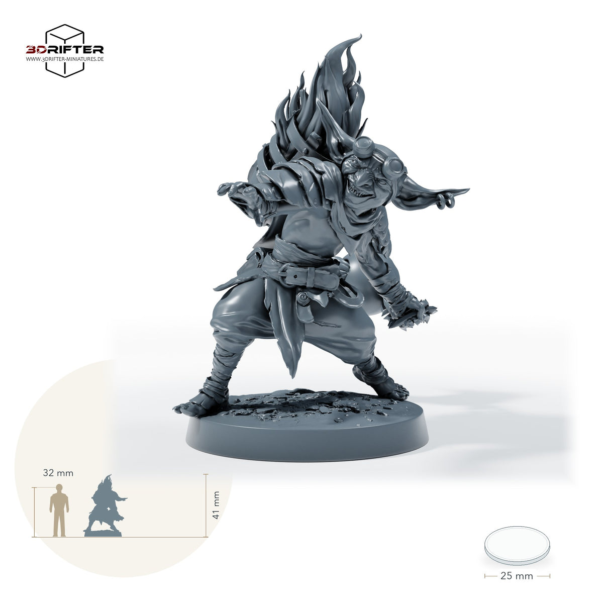 Goblin-Feuerträger – Standard: Größenvergleich, ca. 41 mm Gesamthöhe inklusive Base und höchstem Teil, mit 32-mm-Referenzfigur.